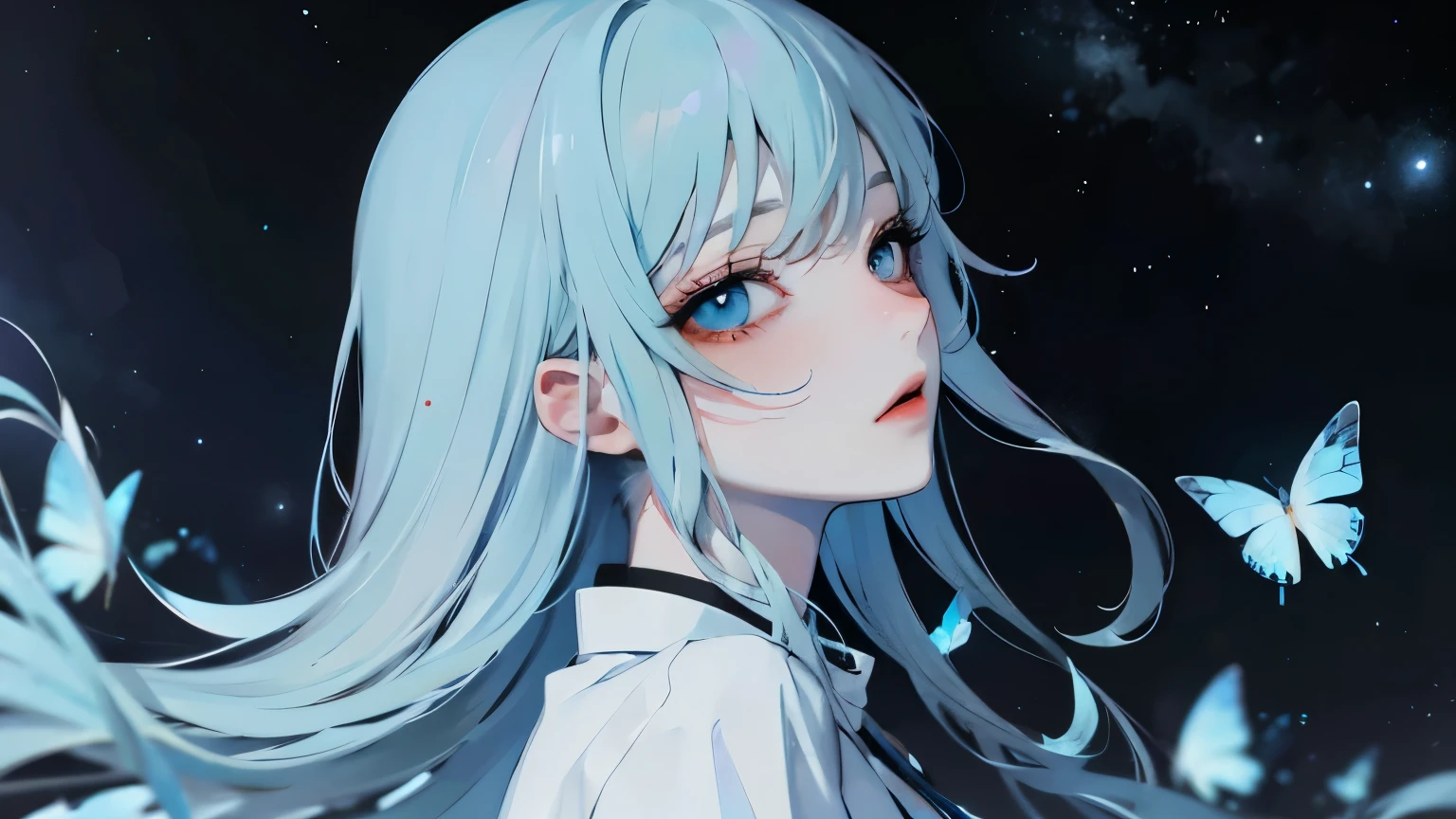 ( Masterpiece),(4K Anime),high quality,1 girl,(( Light Blue Long Hair )), blue eyes,White clothes with blue decoration, Lots of Glowing White Butterflies , Night Sky, high fantasy , Anime Art Wallpaper 4K, Beautiful Anime Art work, Beautiful Anime Art , beautiful fantasy anime, beautiful digital art standing under a star,(high contrast), Unfairly Beautiful,cinematic lighting,Glancing sideways, from side,cowboy shot