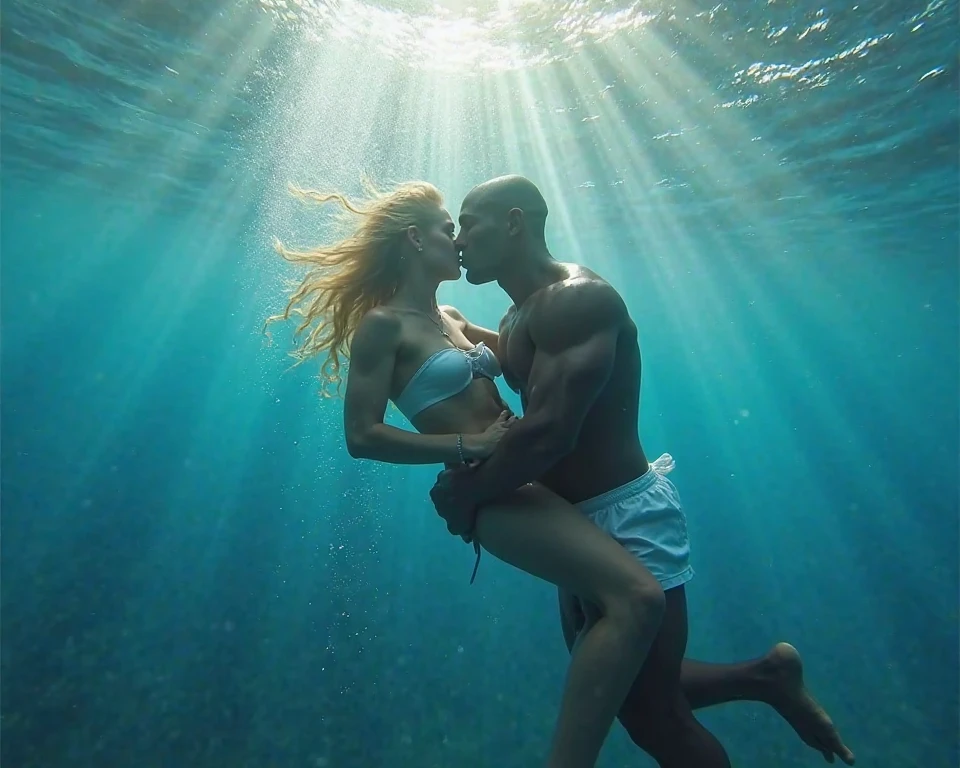 Create an 8K UHD image that embodies the enchanting call of the sea and the warmth of the sun's embrace. Focus on the play of light and shadow on the water's surface, with a couple basking in the sun on a sailboat. The image should evoke the feelings of passion and romance as described in the tweets. Emphasize realistic rendering to bring out the details of the sunlit scene.