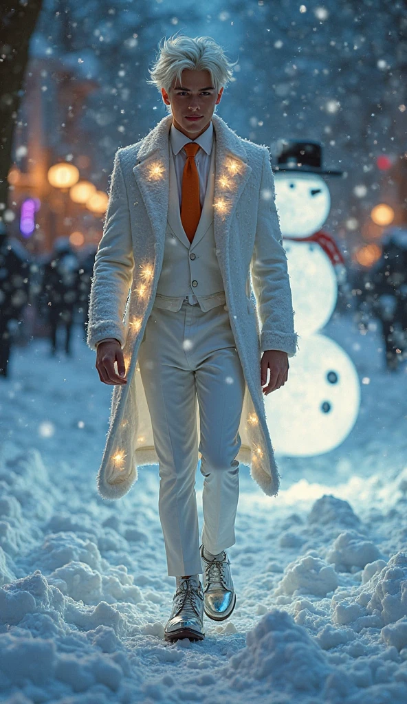 handsome boy, European style hair.  wearing a white fur coat made from snow bears, wearing nothing but a white fur coat, visible 1 large, perfectly erect dick, circumcised dick head ((perfect shape)), perfectly hard testicles ((detail)).  .  very sexy, real prominent body curves, tight muscles, big firm breast muscles, real detailed skin pores, walking in a forest full of snow.  passionate atmosphere.  Highly detailed 3D work 800k lighting, HD, 8k.  perfect anatomy.     Full body shot.