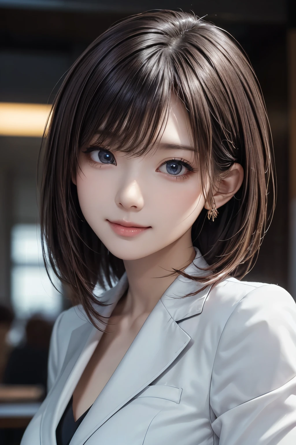 (masterpiece, highest quality:1.2), high resolution, ultra detailed, beautiful, RAW Photo, 4K, 8K, dynamic pose, portrait, cinematic lighting, 1girl, Pretty Japanese Idol, straight bob hair, (beautiful detailed eyes, perfect eyes:1.1), (beautiful detailed face:1.2), (kawaii, cute face, round face:1.3), natural makeup, beautiful glossy lips, beautiful breasts, (Glowing Skin), (((wearing a business suit))), office