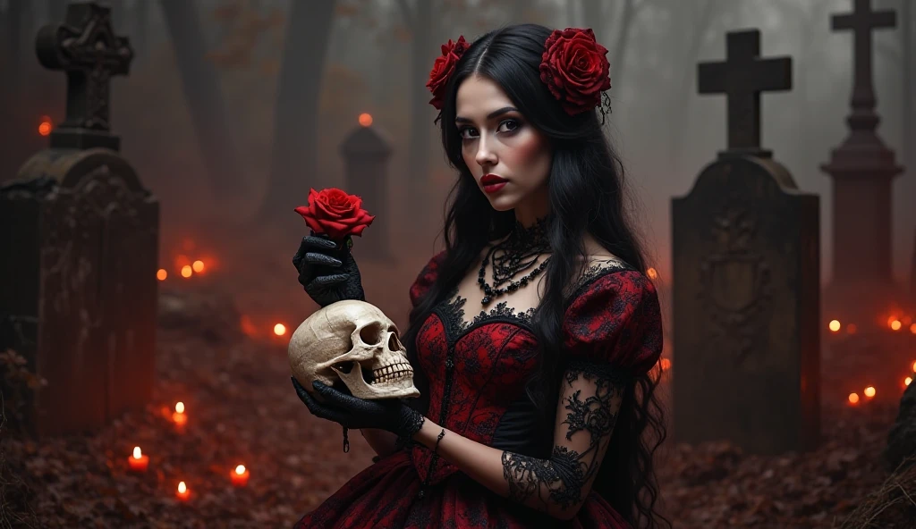 an elegant woman with long, dark hair wearing a vibrant dark red and black dress adorned with lace and intricate details. embroidery His skin is a light and striking tone, his face is like a skull, mixing beauty and macabre. In one hand, she delicately holds a skull and, in the other, a red rose, symbolizing her dual nature. She is in a dimly lit cemetery, surrounded by dimly glowing candles and fog, with shadows from old tombstones and crosses in the background. The atmosphere is eerie and slightly eerie, with a soft, reddish light highlighting its presence.