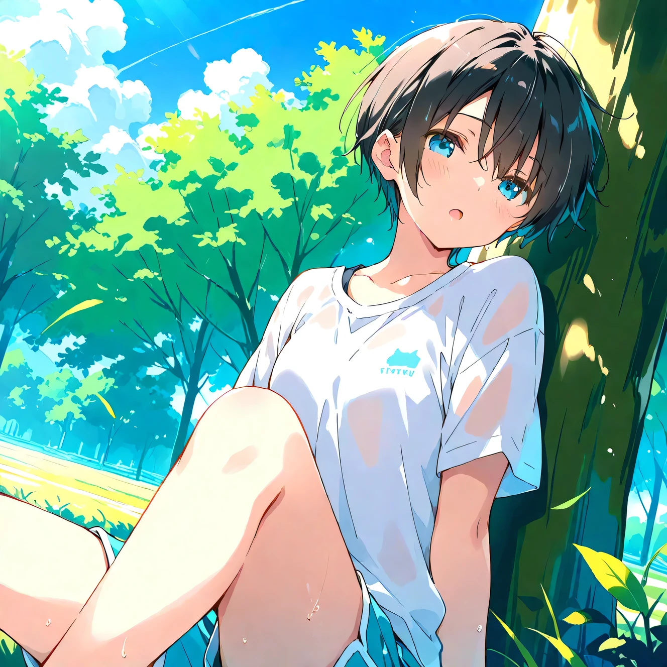 A  boy under a tree, con short pegado, top corto, rasgos finos, piel blanca, blue eyes light brown hair, very light brown eyes barefoot, piernas fuertes