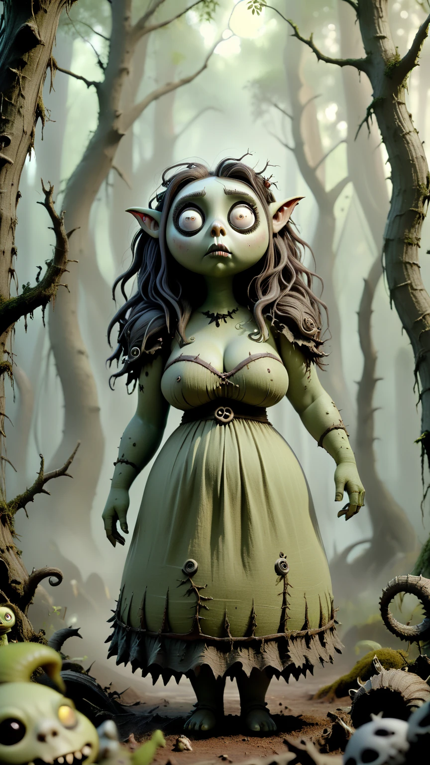 Young orc woman in Tim Burton-inspired forest full of wonders and peculiar creatures with anime eyes and Burtonesque charm. Orc woman has giant breasts and wears dirty linen dress, bone jewelry, forest, a blend of anime aesthetics and Burtonesque surrealism, fantasy art, (hand drawn with pencil:1.15), (tim burton style:1.27), fearsome smile, big fangs, big eyes, huge breasts, muscular body, green skin