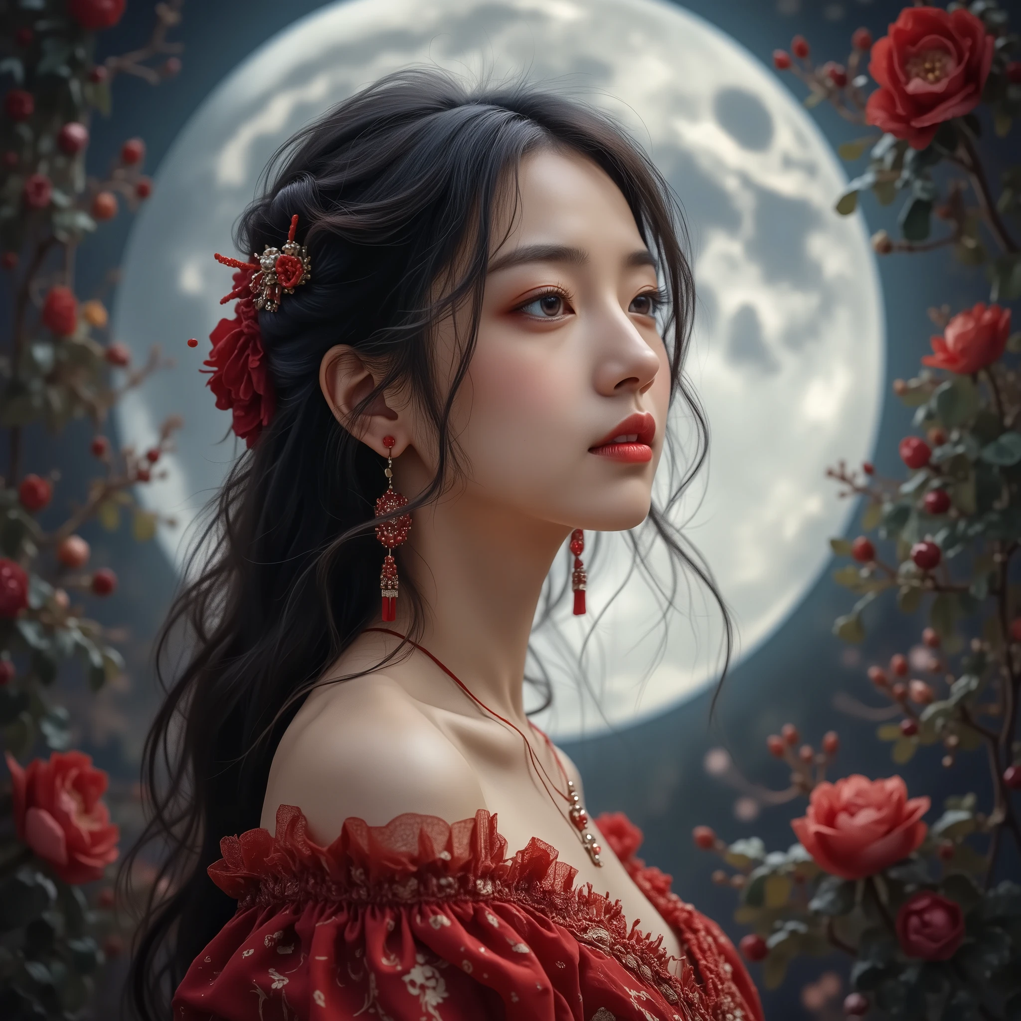 Gray-haired woman, Gray eyes, Copyright Fees,  red dress, Red Jewelry, Red earrings, Moon,  nobility, lady, high quality, highly detailed, delicate face,  masterpiece, castle, Drink tea, garden, Flowers, light
