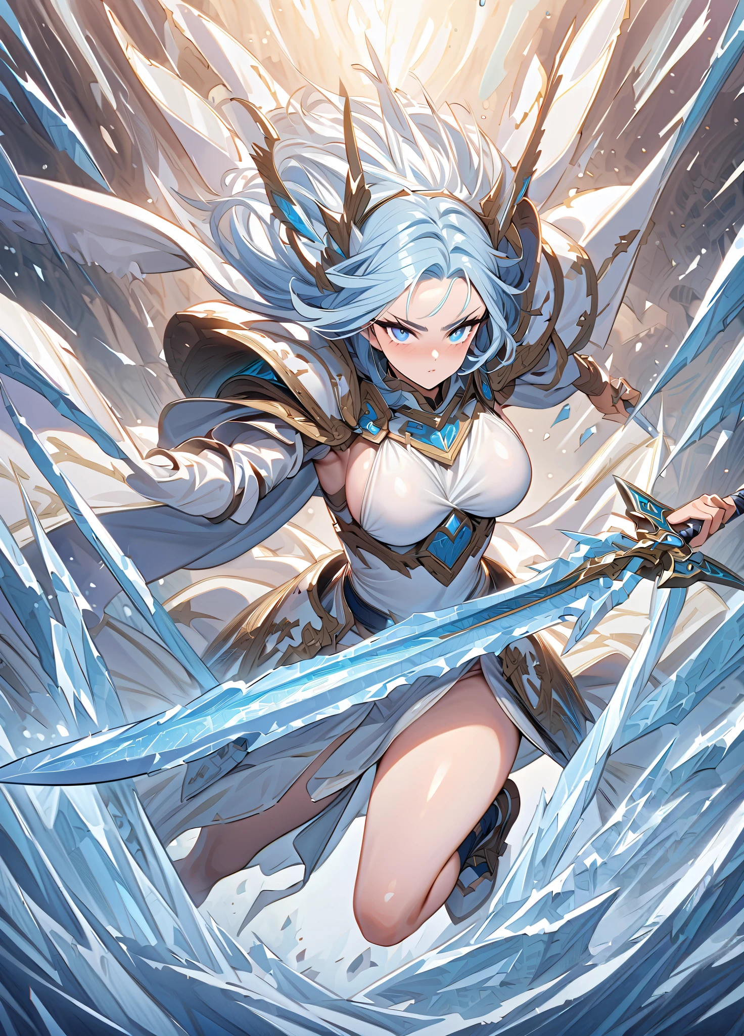 high quality,HD,16K,Sharp Line,1 Girl,fantasy, (ice elf),Pretty Face, Large Breasts, Beautiful legs,In the mountains,Focus Girl,detailed Pretty Face,Detailed clothes,beautiful eyes,Cool,Sexy,Dynamic Angle