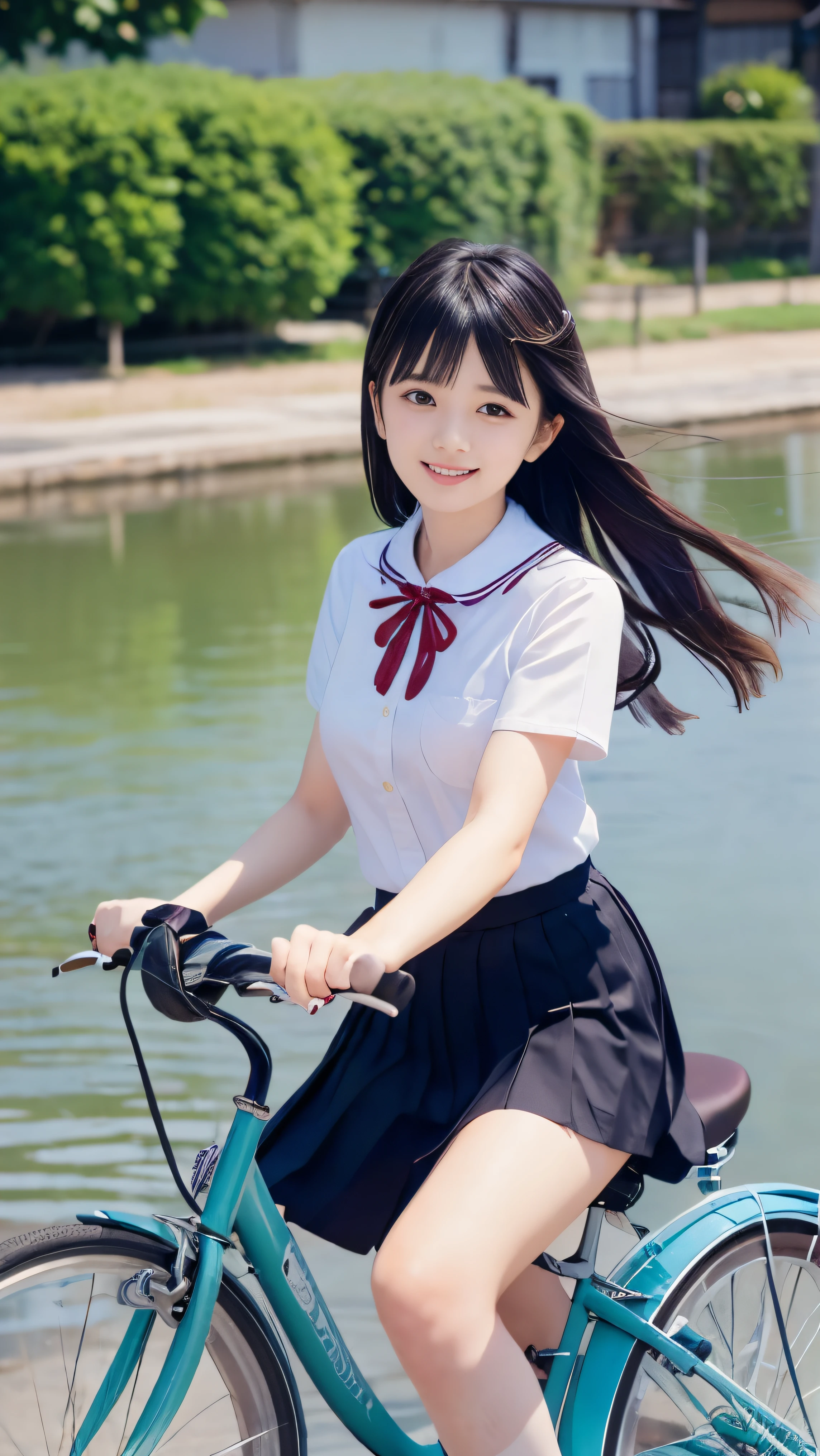 (Close up face shot of one slender small breasts two side up black medium hair bangs girl in short sleeves white school uniform and black skirt with small smile:1.5)、(One girl is riding bicycle on the road along the river in Japan:1.5)、(Blue sky:1.5)、(blurred background:1.5)、(8k ultra detailed master piece:1.5)、(Natural lighting:1.5)、(perfect anatomy:1.5)、(Photorealistic stick:1.5)、(Raw photo:1.3)、(highest quality:1.5)、(High resolution:1.3)、(Delicate and beautiful perfect face:1.3)、(Delicate and beautiful eye air skin:1.3)、(Real Human Skin:1.3)、((thin legs))
