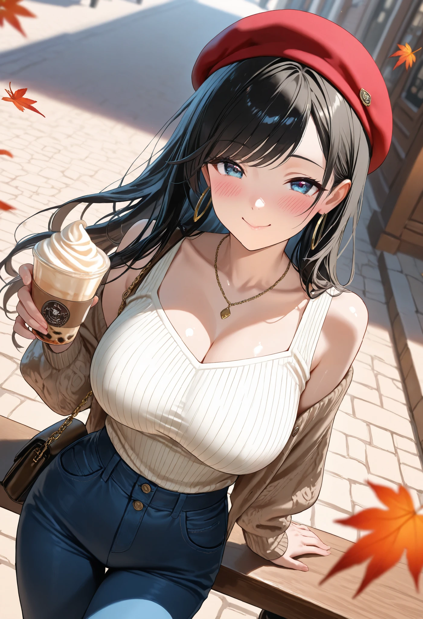 (tmasterpiece, melhor qualidade: 1.4), (Modernidade), (cowboy shot), Yamanaka, Ino, 1 girl, solo, Bunda POV, SFW, Amazing girl, (standingn: 1.1), dinamismo, (oversized white sweater, Knitted sweater: 1.4), (tight yoga pants, dark gray yoga pants: 1,4), (jaqueta azul marinho curta, Jaqueta jeans: 1,4), longos cabelos loiros, Quiff, heart shaped face, rosto elegante, cara bonita, rosto altamente detalhado, pele de alta profundidade, pele dos poros, subsurface dispersion, (olhos azuis detalhados), alunos realistas, seios grandes, Um sorriso amoroso, olhar para o espectador, Blush em todo o rosto, full lips, holds a cup of coffee, no centro, Coffee in the background, Rua da Cidade, dia ensolarado , O Vento, Antecedentes detalhados, Profundidade de campo, atmosphric perspective, voluminous lighting, foco nítido, Absurdidade, Realistic aspect ratio, boa anatomia, (Realista, Um hiper-realista: 1.4),