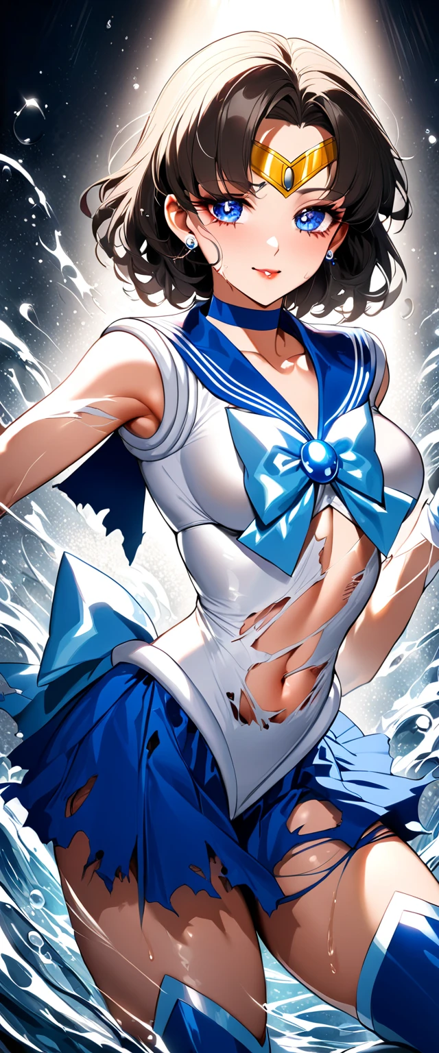(perfect anatomy)、masterpiece、super high quality、 8k、 masterpiece、Highest quality、 Ultra High Definition 、 max resolution、very well detailed、 professional lighting、anime、woman、thin、  very beautiful face、 very pretty eyes、( high definition eyes )、very detailed face、sailor mercury、tiara、Sailor Warrior Uniform、 blue skirt、 blue sailor collar、  knee boots、choker、White gloves、blue choker、  jewelry、earrings、pleated skirt, gloves, (  torn clothes :1.9),(Highest quality:1.2, highly detailed, ultra-high resolution, high contrast, masterpiece:1.2, highest quality, ultimate aesthetics) A breathtakingly beautiful, sophisticated woman in her early thirties, exuding confidence and allure. Flawless, sun-kissed skin, glistening with water droplets reflecting sunlight. Striking facial features—high cheekbones, a sculpted jawline, a refined nose. Deep, captivating eyes with a sultry, knowing gaze. Full, sensuous lips painted in a rich shade. Naturally arched, impeccably groomed eyebrows. A radiant, mesmerizing smile—playful yet deeply alluring.  long, wet, golden-brown hair cascading over her shoulders, clinging to her damp skin, illuminated by sunlight. Smooth, flowing strands, a few damp tendrils framing her stunning face. Eyes glistening, framed by long, voluminous lashes darkened by moisture. An upward gaze, poised yet captivating. Flawless makeup—smoky eyeshadow, shimmering highlights, masterfully drawn cat-eye liner. Light-reflecting highlighter on her cheekbones and collarbone. She strikes a seductive pose—one hand sweeping through wet hair, tilting her head slightly as water drips from her fingertips. The other hand resting gracefully on her hip. Lips slightly parted in a sultry, knowing smile. Her entire presence embodies confidence, sensuality, and timeless beauty.

