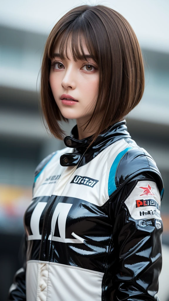 Bust up shot, Dynamic Lighting, (highest quality:1.4), 32K resolution, (Realistic:1.5), (Ultra-realistic:1.5), High resolution UHD, (masterpiece:1.2), (Improvement of quality:1.4), (1.lady), Supermodel, Female rider, 21 years old, Perfect Anatomy:1.37, Standing pose, (Wearing a super shiny racing suit:1.37), (Wearing a long-sleeved racing suit:1.1), (Wearing an orange racing suit:1.21), (Many suits with logos), Racing Gloves, Have a helmet:1.21, (On the vast racing circuit:1.37), (Outdoors on a sunny day;1.37), Shut your mouth, Detailed eyelashes,  Sharpen your eyebrows, [Pink lipstick:0.8], (Super lethargic details:1.25), (Bright pale complexion), Symmetrical eyes, Natural Makeup, ((A great eye for quality:1.2)), (tired, Sleepy and satisfied:0.0), (Beautiful Lips:1.33), (Great nose:1.2),  (Flat Chest), (Slim lower body), Shiny brown hair, Let your bangs hang long, (Bob Cut Hair:1.21), ((Realistic)), ((Sharp focus)), ((The most ridiculous quality)), (Ultra-high resolution:1.6), Emotional and spectacular cinematic lighting,