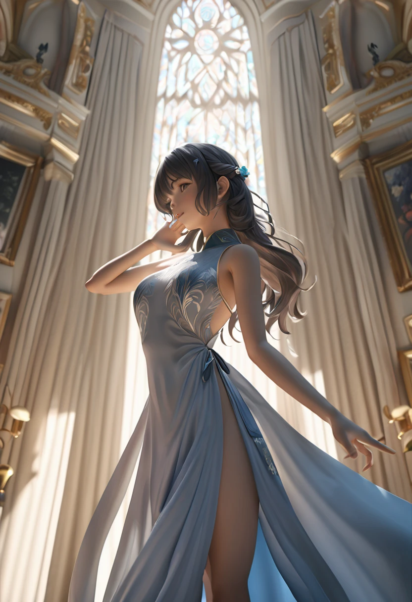 a beautiful woman, perfect figure, narrow waist, long chestnut hair, beautiful detailed eyes, long eyelashes, lustrous detailed lips, beautiful skin, beautiful smile, fashion model, cinematic scene, (best quality,4k,8k,highres,masterpiece:1.2),ultra-detailed,(realistic,photorealistic,photo-realistic:1.37),((dancing)),[red tank top]