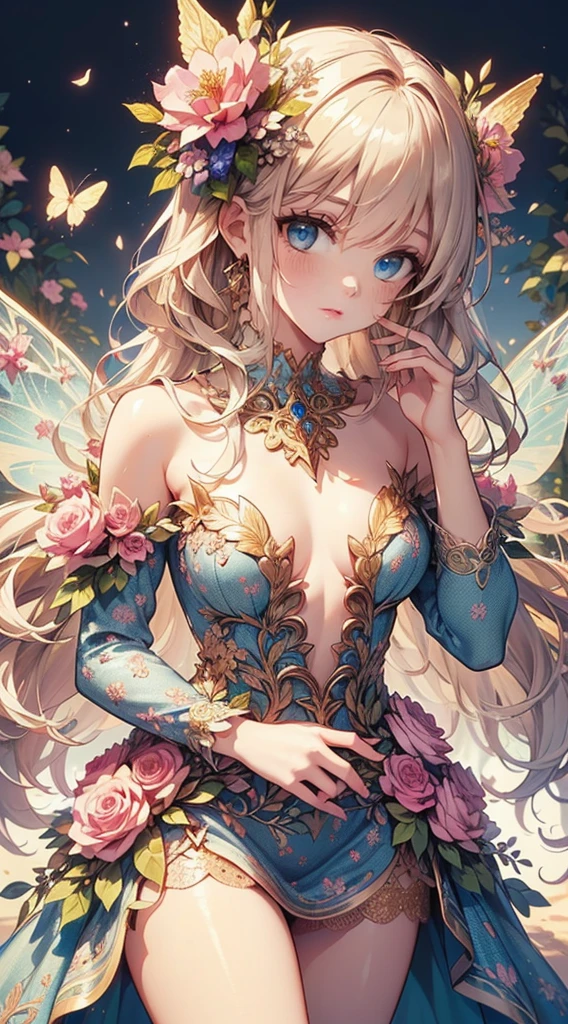 (highest quality, masterpiece, Super detailed, very detailed, exquisite, 16k,Full HD),A little closer,golden ratio,dramatic lighting,pastel colour,seems to be happy,fly in the sky,soft lighting, ((alone:1.5)),(blue sky,morning sky,Sunny),magical forest,flower,wood,Flower Field,Leaves and petals fluttering,From above,((head shot)),Flowers filling the screen,(fairy princess, purple eyes, long eyelashes,white skin,slim,pale pink plump lips,pale pink cheeks, The wind is blowing,blonde,thin and long,(thin and high nose,small nose),(From above her waist, a giant fairy wing),The magic of flower,flower tiara,diamond earrings,Diamond Choker,(White ball gown dress with flower petal motif, A dress decorated with flowers,lace and ruffles),(smile:1.2), (fantasy, romantic atmosphere),