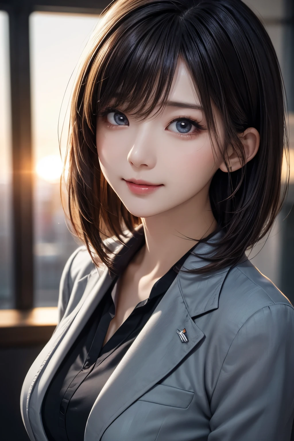 high quality, high resolution, 8k, 4k, Ultra HD, photorealistic, intricate details, sharp focus, masterpiece, award-winning, professional photography, cinematic lighting, from above, dynamic pose, 1girl, Pretty Japanese Idol, posing for a picture, (((wearing a gray business suit))), straight bob hair, beautiful eyes, detailed irises, beautiful face, natural makeup, kawaii, cute face, (((round face))), smooth skin, radiant skin, beautiful glossy lips, beautiful breasts, ultra detailed, hyper-realistic, detailed texture, dramatic contrast, vivid colors, warm sunset light, ethereal glow, office