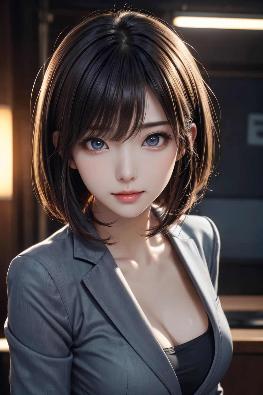 high quality, high resolution, 8k, 4k, Ultra HD, photorealistic, intricate details, sharp focus, masterpiece, award-winning, professional photography, cinematic lighting, from above, dynamic pose, 1girl, Pretty Japanese Idol, posing for a picture, (((wearing a gray business suit))), straight bob hair, beautiful eyes, detailed irises, beautiful face, natural makeup, kawaii, cute face, (((round face))), smooth skin, radiant skin, beautiful glossy lips, beautiful breasts, ultra detailed, hyper-realistic, detailed texture, dramatic contrast, vivid colors, warm sunset light, ethereal glow, office