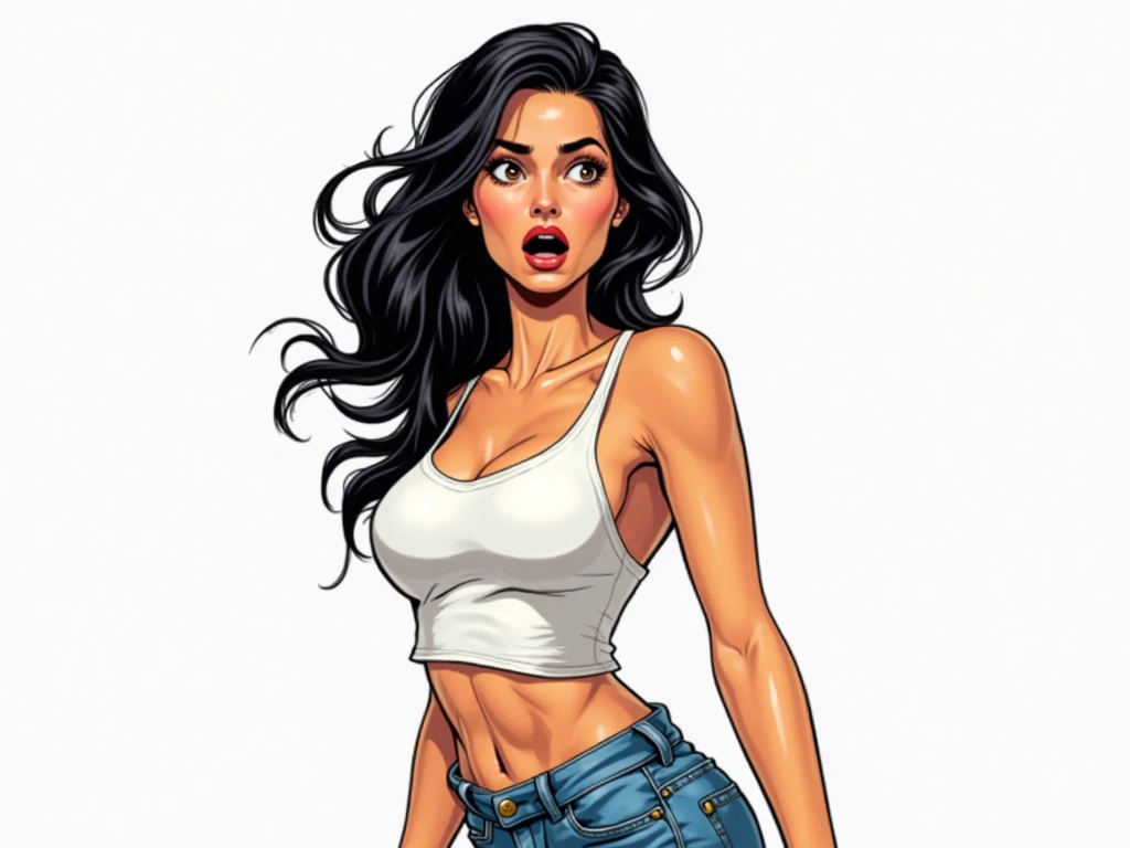 Digital Drawing, 4k, best quality, Comic Babes, (high quality, best rendering), (beautiful girl), blue eyes, ((long straight black hair)),(bombshell, pin-up style), psychopath, Face crazy, sexy pose, short denim shorts, tank top, pastel, centered, size to fit dimensions, micro thong, micro bikini, camel toe