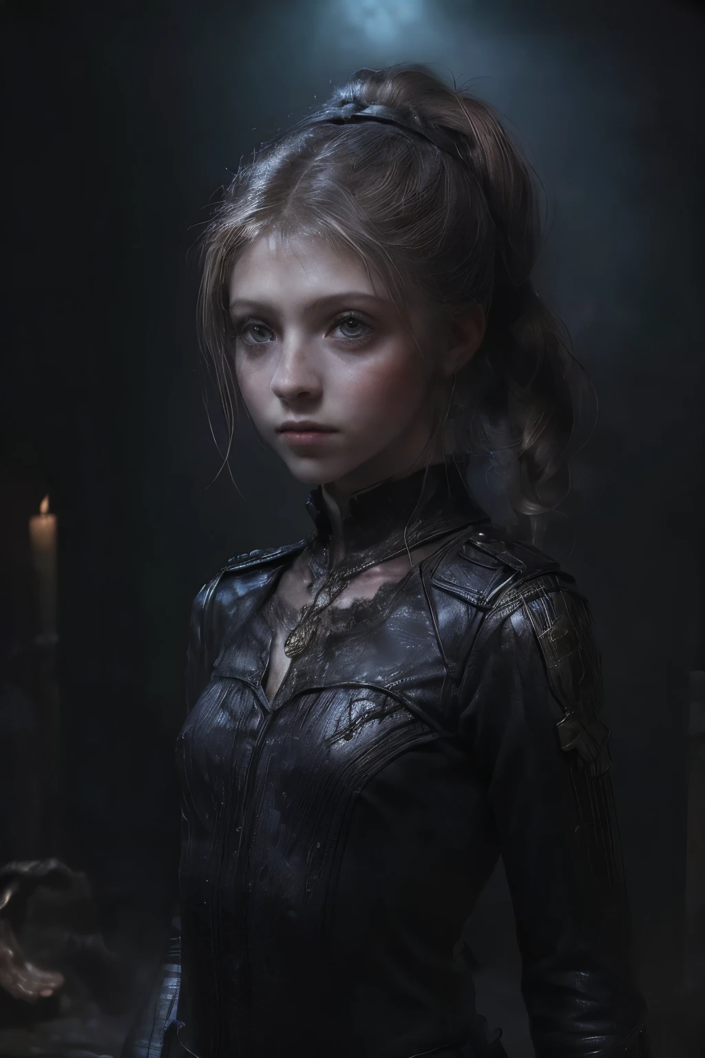 ((best quality)), ((masterpiece)), (detailed), score_9, score_8_up, score_7_up, score_6_up, (1girls), a female occultic knight, witch, knight, wielding a rapier-like sword, perfect face (((mastepiece, of the highest quality, super detailed))), photorealistic, Dark fantasy art, dark fantasy, ((gothic art)), ((Bloodborne inspired)), (Victorian era inspired), (Brotherhood Of The Wolf inspired), Lady Maria inspired, typical witches hat sharing design features of a hunter's cap, (leather trousers with buckles and belts), (occultic vibe), (cosmic horror vibe), (occultic military uniform), (military witch), ((intricate and beautiful cloth and leather clothing)), (regal and elegant, a person of great social importance), ((mature, foreboding atmosphere)), ((dark and gloomy)), ((((Highly detailed face)))), small thin nose, Small thin lips mouth, (((Very sharp focused eyes))), ((perfect symmetrical beautiful eyes)). looking here, (resolved expression), (resolute expression), (sad face), beautiful (((very small breasts))), (((little boobs))), (((tiny breasts))), (((flat chest:0.1))), (((very tiny boobs))), (((very flat chested))), ((blonde)) hair, ((long ponytail, thick ponytail, heavy ponytail)), very long eyelashes, soft lighting