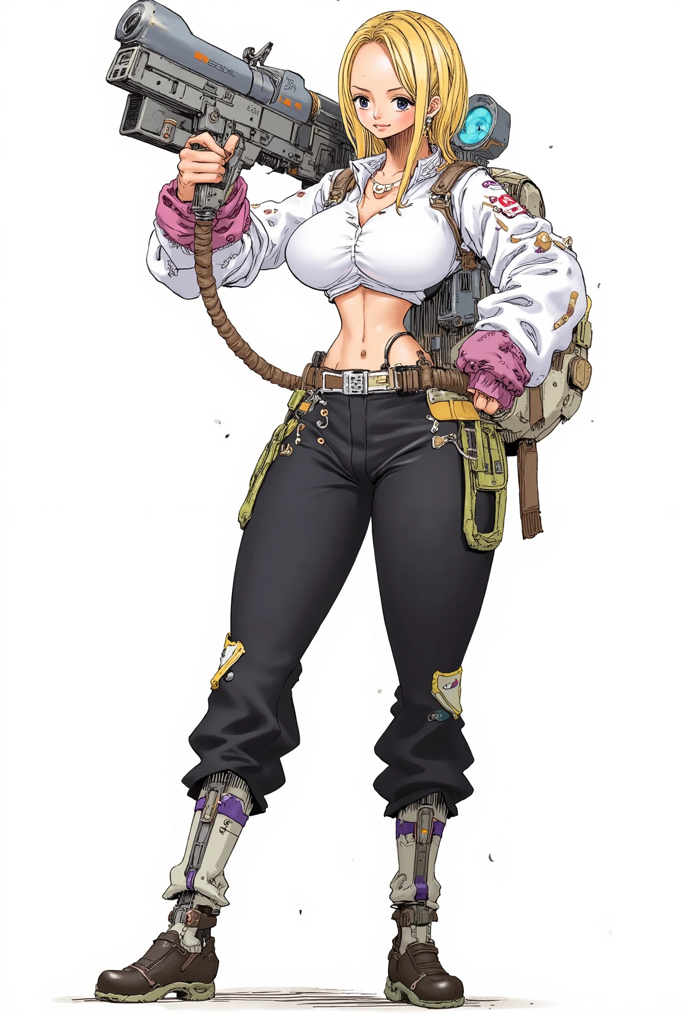 Anime style、girl、Mech01、ArsMJStyle, Oil Pastels、background is stark white、on3pi3c3styl3、ground、pastel collar、Akira Toriyama Style、(Biologically correct human body structure:1.6)、 detailed hands、 Details、Perfect piece、high quality、32K、Alone、 alone、Semi-realistic、detailed eyes、detailed faces、(full body:1.6)、Big Breasts、glamour、 sexy、One Piece character design、perfect face、 older woman 、Beauty、 detailed illustrations 、Fine Lines、 proud expression、shame、Professional Development Artist、Inventor Costume、Possess inventions