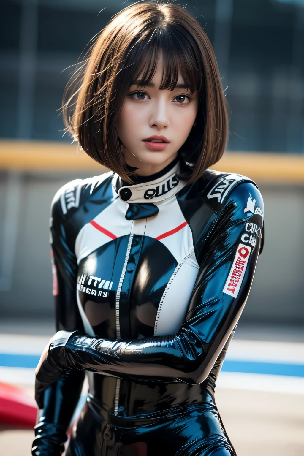 Bust up shot, Dynamic Lighting, (highest quality:1.4), 32K resolution, (Realistic:1.5), (Ultra-realistic:1.5), High resolution UHD, (masterpiece:1.2), (Improvement of quality:1.4), (1.lady), Supermodel, Female rider, 21 years old, Perfect Anatomy:1.37, Standing pose, (Wearing a super shiny racing suit:1.37), (Wearing a long-sleeved racing suit:1.1), (Wearing an orange racing suit:1.21), (Many suits with logos), Racing Gloves, Have a helmet:1.21, (On the vast racing circuit:1.37), (Outdoors on a sunny day;1.37), Shut your mouth, Detailed eyelashes,  Sharpen your eyebrows, [Pink lipstick:0.8], (Super lethargic details:1.25), (Bright pale complexion), Symmetrical eyes, Natural Makeup, ((A great eye for quality:1.2)), (tired, Sleepy and satisfied:0.0), (Beautiful Lips:1.33), (Great nose:1.2),  (Flat Chest), (Slim lower body), Shiny brown hair, Let your bangs hang long, (Bob Cut Hair:1.21), ((Realistic)), ((Sharp focus)), ((The most ridiculous quality)), (Ultra-high resolution:1.6), Emotional and spectacular cinematic lighting,