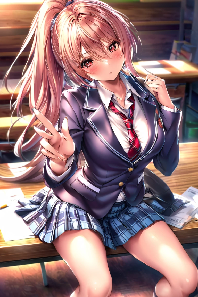 masterpiece,Highest quality,8k,uniform,classroom,high school student,Bold Pose,Big behavior,Shiny hair,Glossy skin,Japanese idol model,