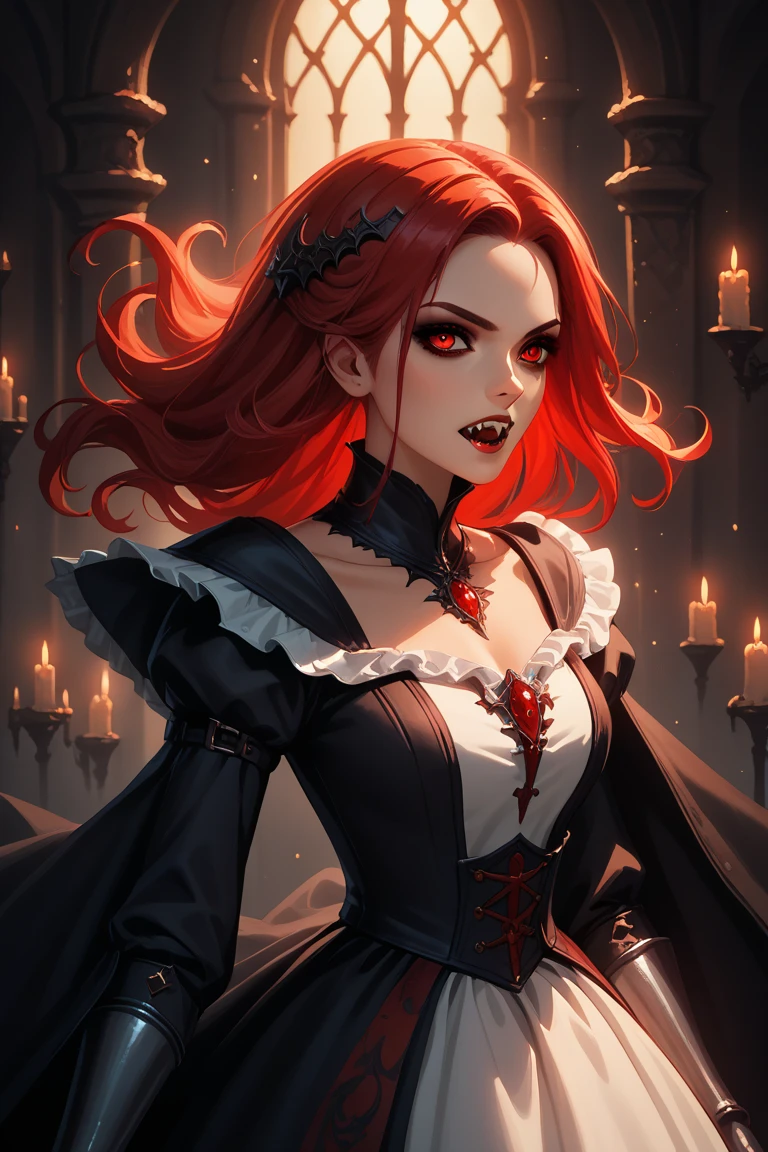 A beautiful girl with long red hair and green eyes, wearing striped thigh-highs and a shirt with torn details, standing in a candlelit room, her arms crossed as she gazes intensely at the viewer, the flickering flame casting a warm glow on her face and freckled skin, intricate nail polish on her fingers as she holds her own arm, a lamp and additional candles illuminating the scene, medium breasts, photorealistic, highly detailed, 8k, masterpiece