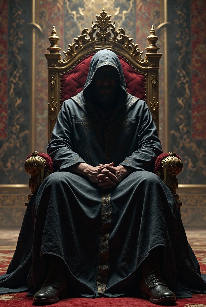 A man sitting a throne warring dark robe and mask that have tears and smile