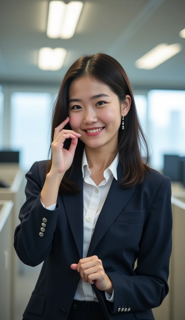 (A beautiful Japanese office lady, age 28, wearing formal White shirt with buttons & lime pencil skirt, chatting on phone with Cici AI app, friendly and feminine expressions, kind smile, dimpled chins, cute snaggle-tooth, short bob hair ponytail, symmetrical face, realistic detailed face, beautiful detailed eyes, perfect body proportions, ample round bosoms, photorealistic, hyper-realism, high contrast, ultra HD, realistic skin textures, top image quality, top-quality, super high resolution, fine details, very meticulously, masterpiece, head to knees, serene ambience, High Angle Shot, bokeh background) #Cici #CiciAi #TeamPositivity