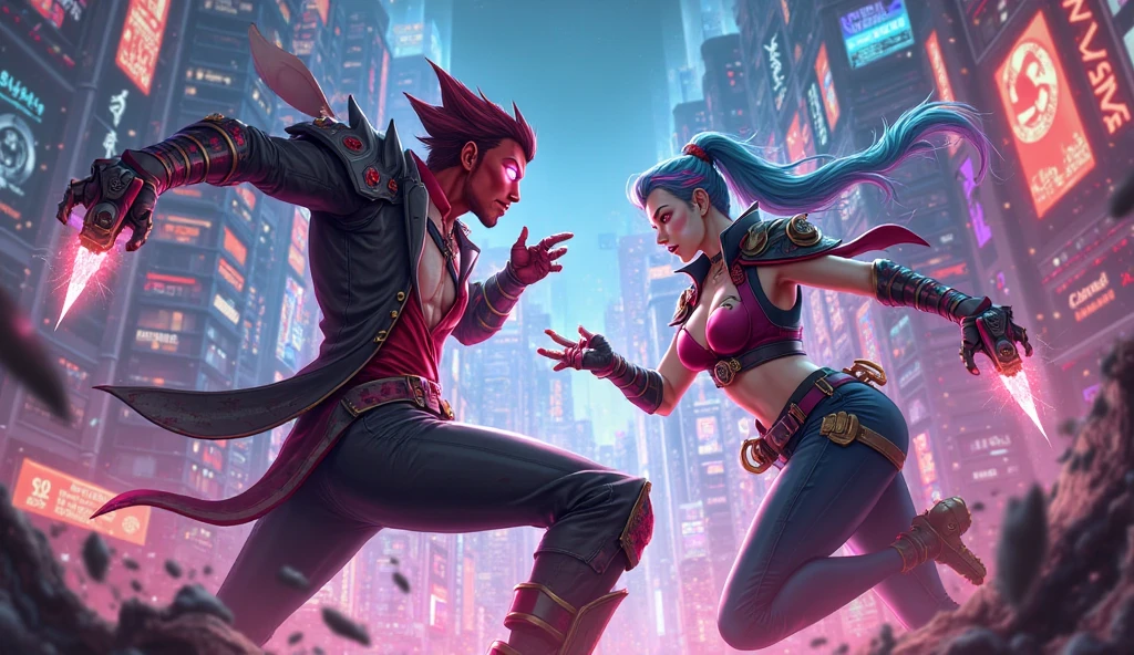 gaming wallpaper for pc mixed between valorant fade and league of legends jinx