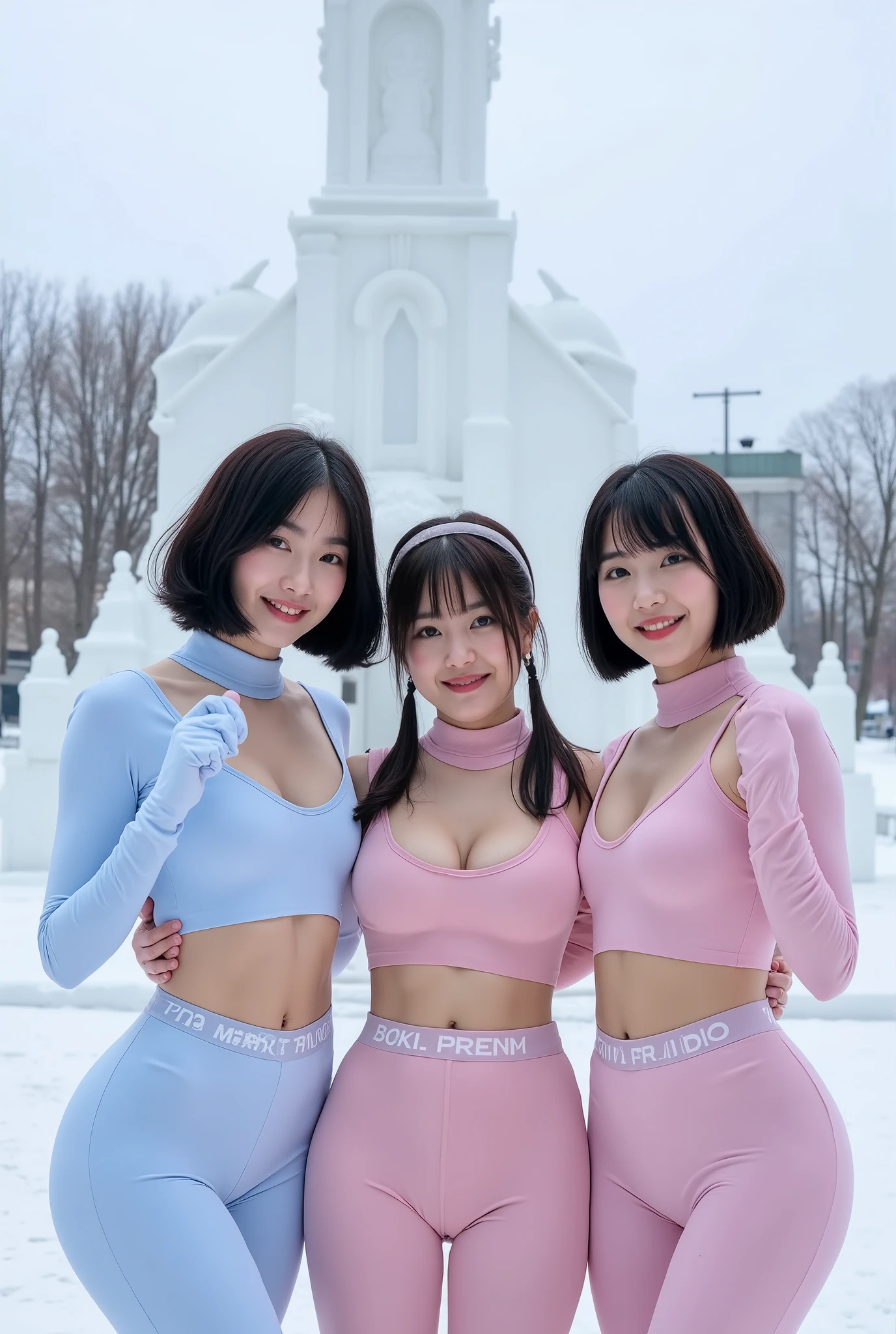 Three young Japanese women in skin-tight snow-themed bodysuits with belly cuts smile happily in front of a snow sculpture of a church. They have low necklines revealing cleavage, large double-lidded eyes, full lips, black hair, dark pupils, bob haircuts with short bangs, and look at the viewer. Full-body shot taken from the front.