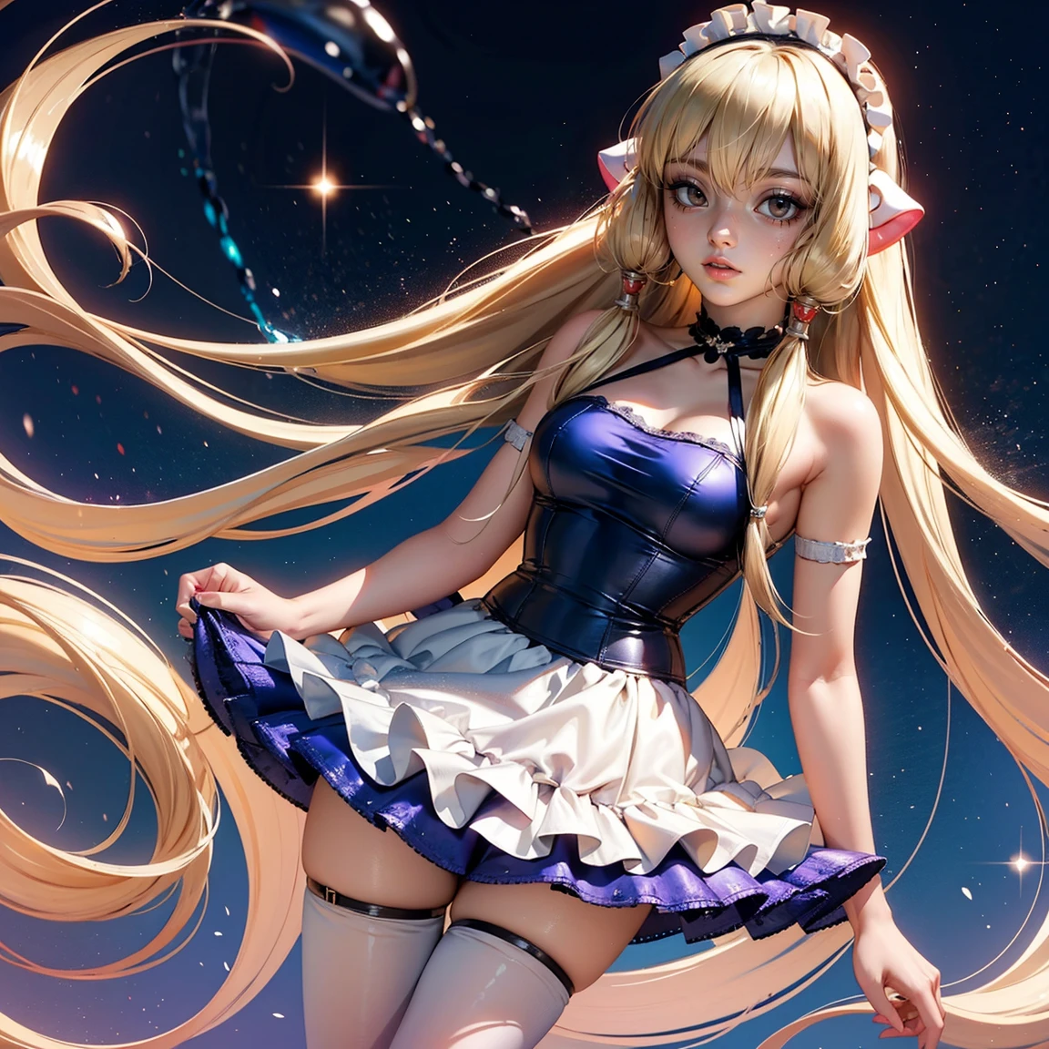 Charles Robinson Anime wondrous strange Whimsical Sci-Fi Fantasy alice in the wonderland Room at home super miniskirt maid outfit alice Outside the window the galaxy and big Saturn、You can see the space station Stuffed bear in the air indoors、Floating books, etc. solo girl, sweet innocent beautiful face, blonde girl, large breasts large ass, hyperdetailed high resolution masterpiece
