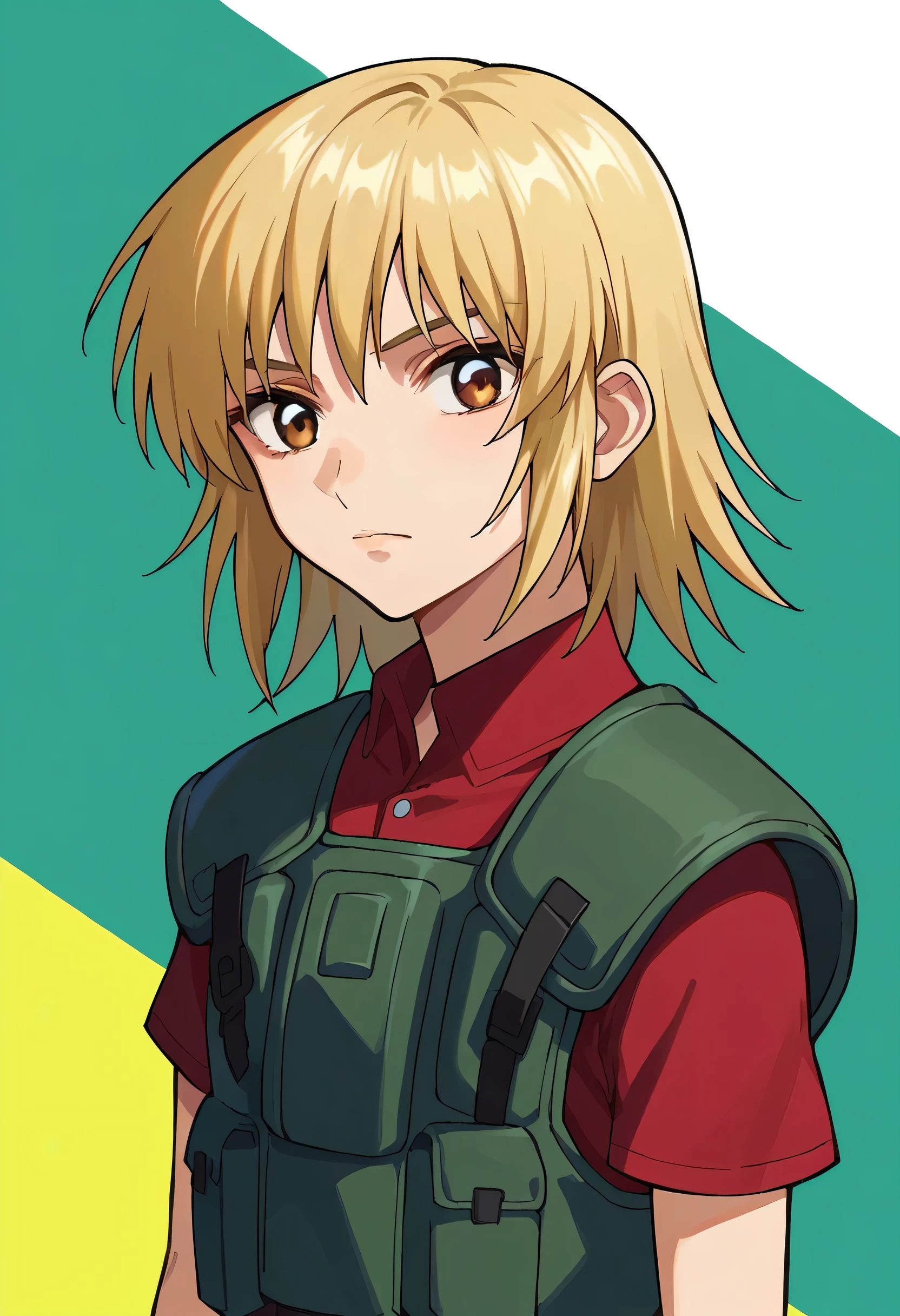 score_9, score_8_up, score_7_up, score_6_up, score_5_up, score_4_up,anime coloring, source_anime,Kagari,1 girl,Alone,brown eyes, medium hair,blond hair, red shirt,short sleeves,Bulletproof vest,Multicolor background,portrait,upper body,viewers,