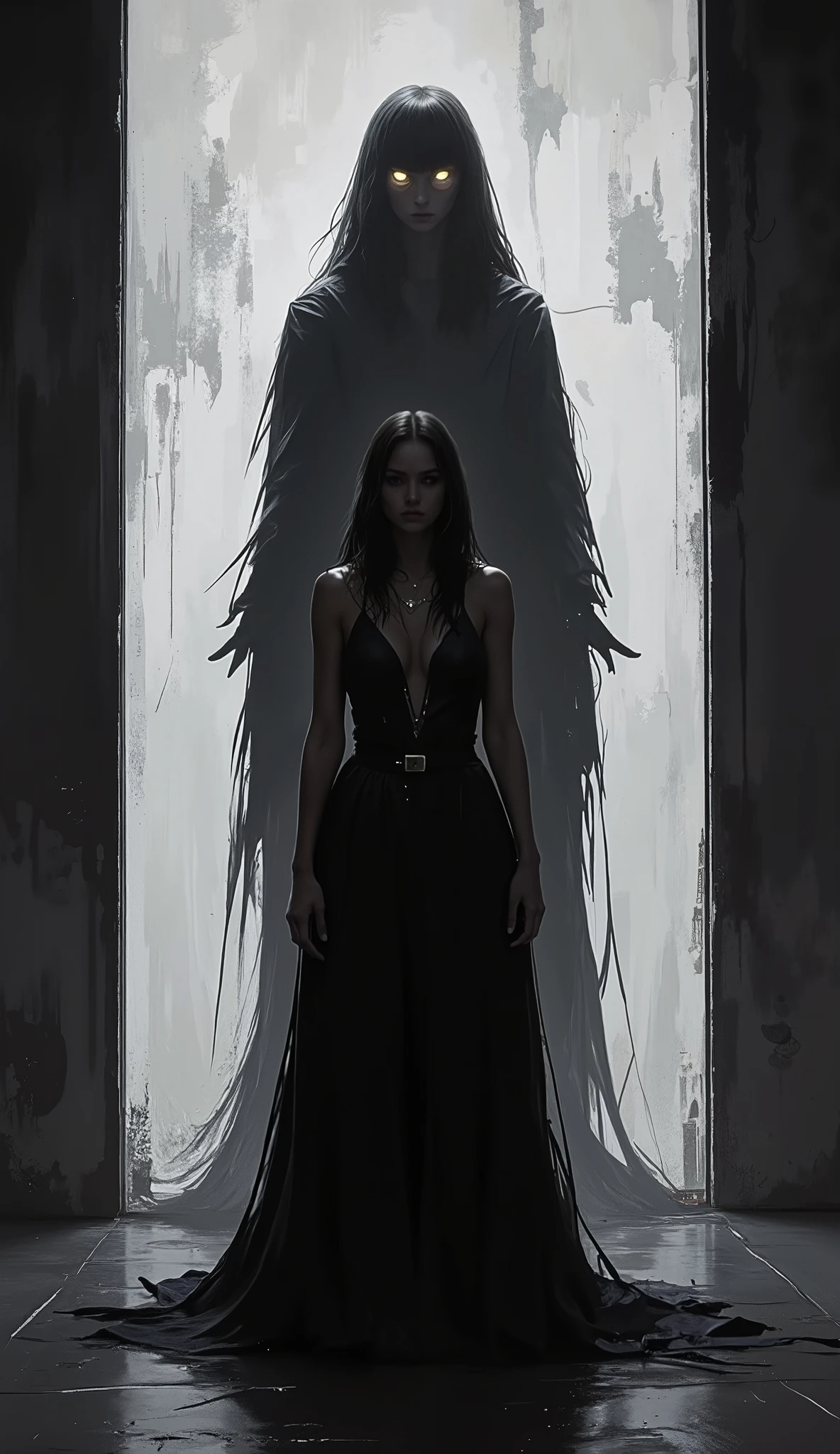 A woman in front of a concrete wall is about to be attacked by her shadow。FANTASTIC SUSPENSE SCENE。high quality, digital painting, realistic, Delicate, 4K resolution, HDR, Fully detailed, Professional, Bokeh, dark vibe, Mysterious, dark colors, Deep Shadow.