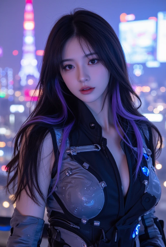 (best quality,8K,high school girl,zippered track jacket,smiling,gravure idol,Model,beautiful girl,down hair,alluring girl,masterpiece,highest masterpiece,Long bangs down,Beautiful pretty girl, hair,perfect face,big bust,cleavage,erotic cute,sexy girl),Angelic cute girl,Naughty Girls,Too beautiful girl,Future Fashion,Future Girl,cyberpunk girl,Future Fashion,Cutting-edge fashion,Purple hair color,perfection,Beauty No.1