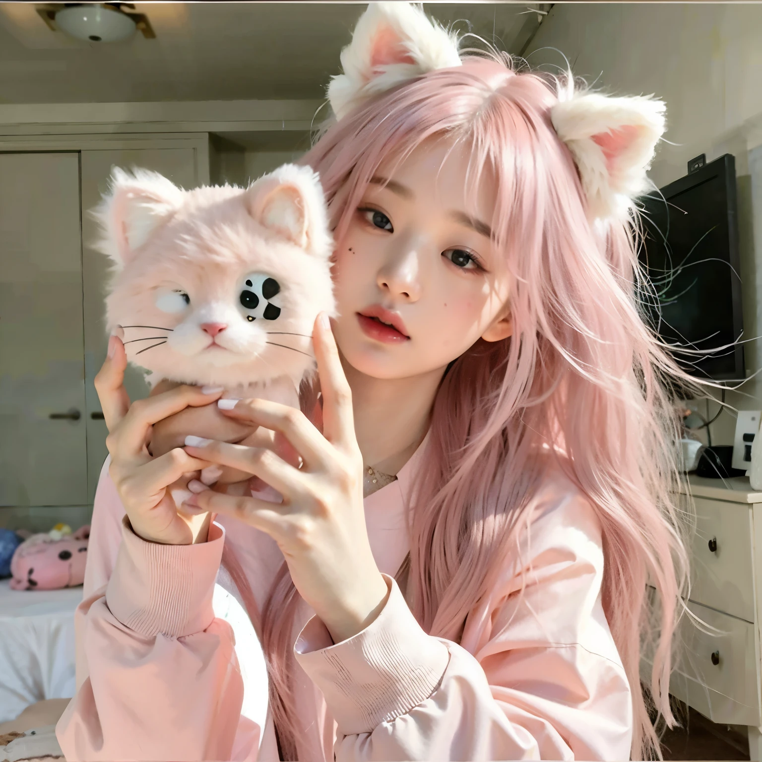 Make a girl with long pink hair holding a chococat from sanrio plushie