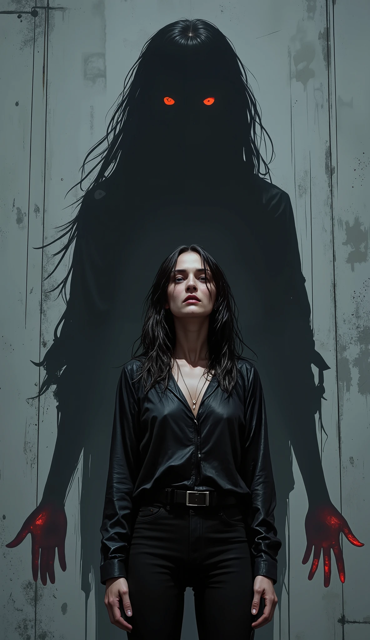 A woman in front of a concrete wall is about to be attacked by her shadow。FANTASTIC SUSPENSE SCENE。high quality, digital painting,  realistic, Delicate,  4K resolution, HDR, Fully detailed, Professional, Bokeh, dark vibe, Mysterious, dark colors, Deep Shadow.