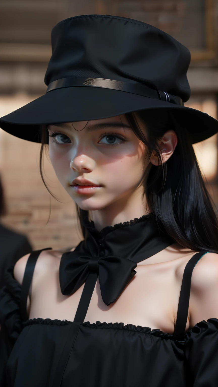 1girl, mole next to mouth, long black hair, black formal dress, black hat, in focus, at a funeral, (photorealistic:1.4), raw photo, best quality, masterpiece, ultra high res