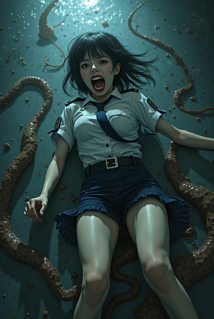 creepy tentacles are (((licking))) Asian school girl (inside creature:1.4) of stinky saliva fluids in fantasy, (stinky dress), wet girl, sitting, ((looking at the viewer)), wet skin, bukkake, anguished, bound by slimy tentacles, bdsm, vine, sitting in a mirror, she is resisting from cum shot, fetish, pussy juice stain, (she is hiding her mouth:1.5) inside creature, slimy ((wet skin)) dripping, (beautiful eyes), dried saliva, ((steaming)), depth of field, 1girl, solo, censored, ((white)) blouse, skirt, school girl, vore, photorealistic, slime, saliva