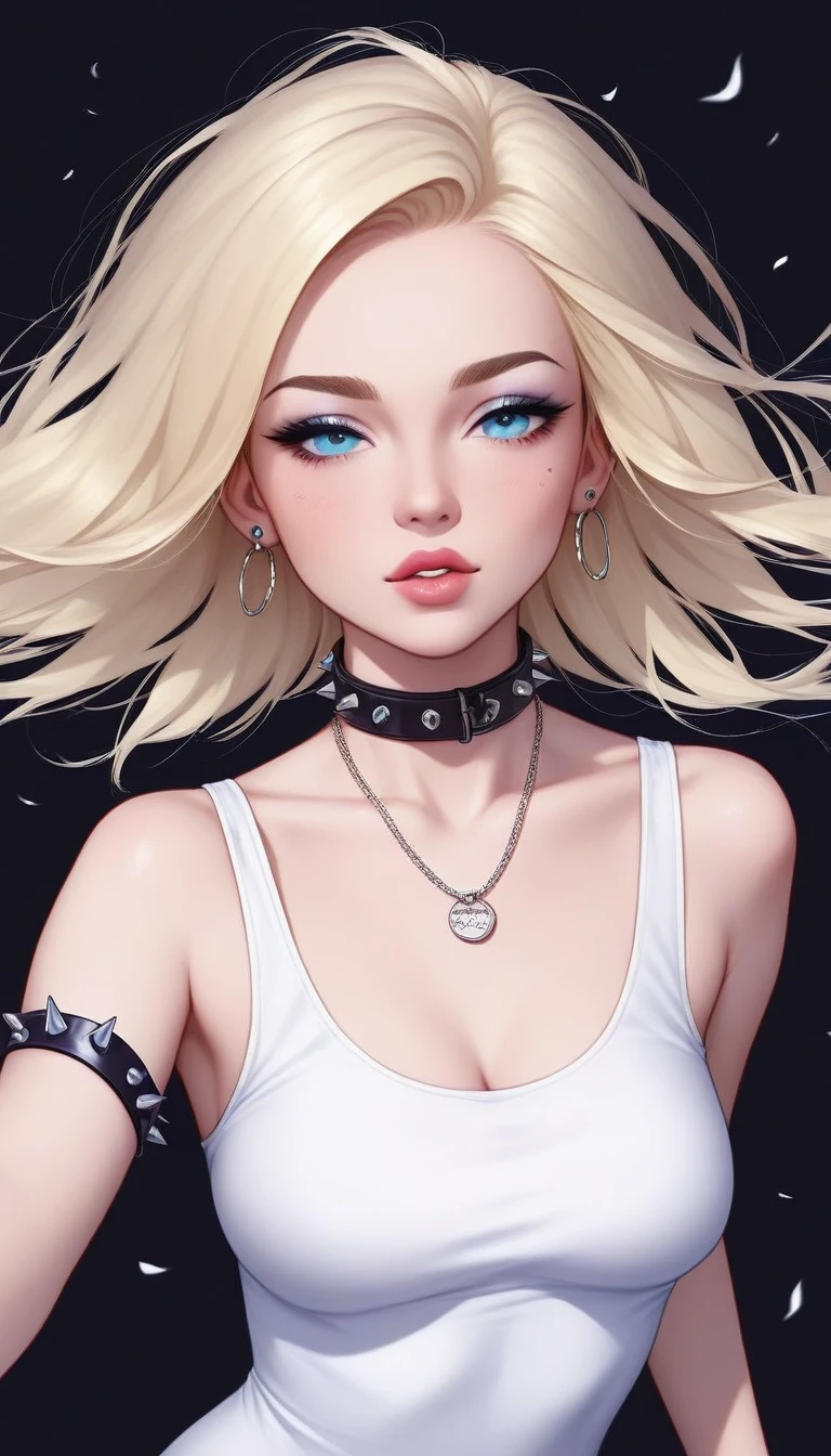 russian milf woman, biker gang member, platinum blonde hair (straight, middle part) with bandana headband, with very light blue eyes, extremely pale. Wearing cropped black moto jacket, push up bra bra, leopard print leggings and white tennis sneakers . Lots of metallic bracelets and lots of white pearl collars.Hands in hips. Wide loop earrings. Looks at the camera, overwhelmed: she tinks God is speaking to her