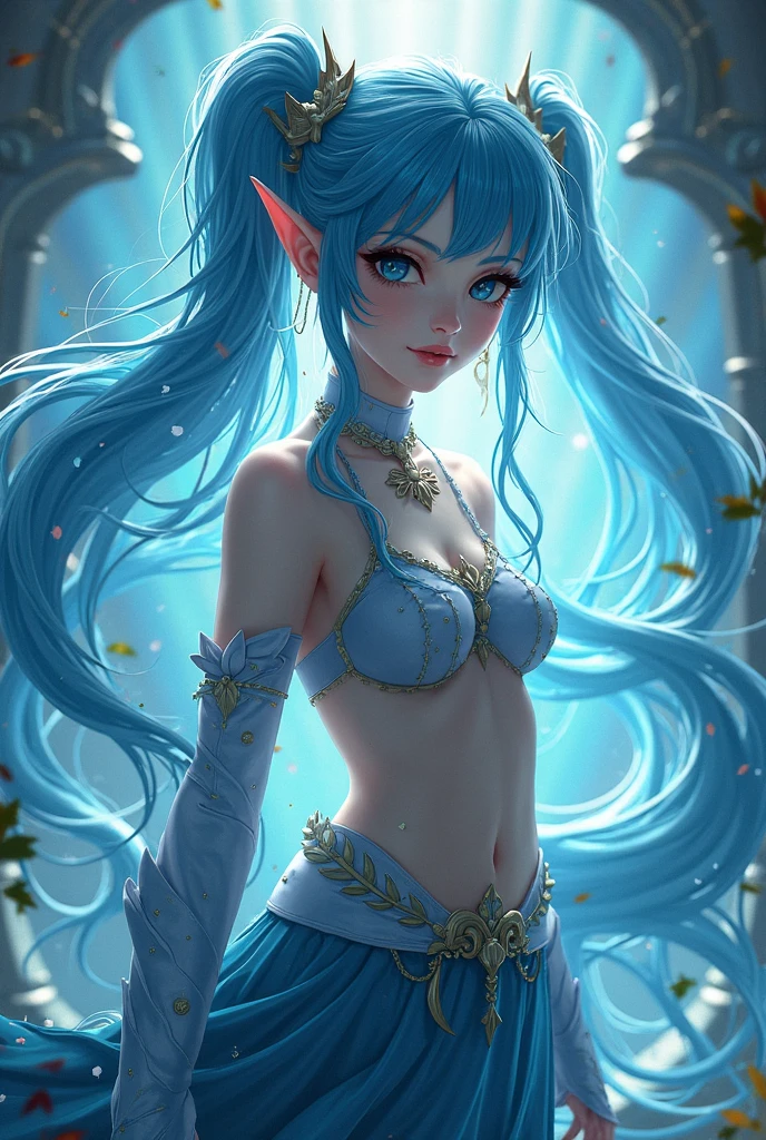a woman with blue hair and a teal ballroom dress is standing, style artgerm, trending artgerm, artgerm lau, artgerm style, style of artgerm, as seen on artgerm, artgerm and rossdraws, extremely detailed artgerm, like artgerm, artgerm art, blue sea-elf, full body, Blue skin, azure complexion
