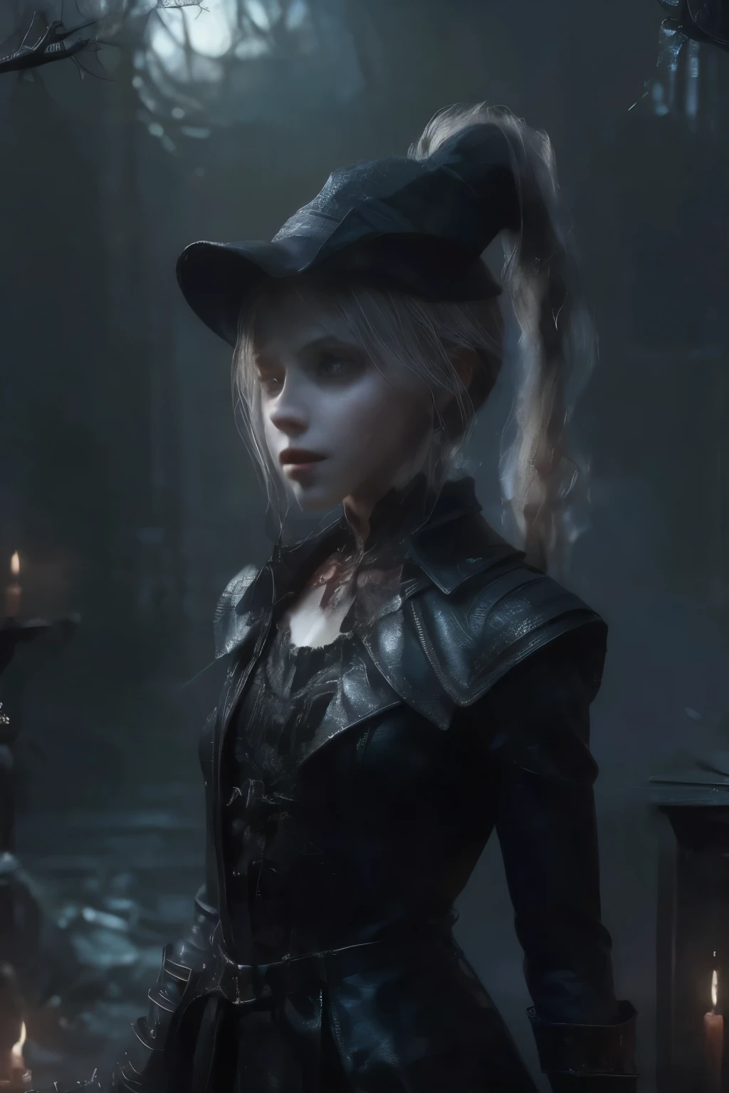 ((best quality)), ((masterpiece)), (detailed), score_9, score_8_up, score_7_up, score_6_up, (1girls), a female occultic knight, witch, knight, wielding a rapier-like sword, perfect face (((mastepiece, of the highest quality, super detailed))), photorealistic, Dark fantasy art, dark fantasy, ((gothic art)), ((Bloodborne inspired)), (Victorian era inspired), (Brotherhood Of The Wolf inspired), (typical witches hat sharing design features of a hunter's cap), (leather trousers with buckles and belts), (occultic vibe), (cosmic horror vibe), (occultic military uniform), (military witch), ((intricate and beautiful cloth and leather clothing)), (regal and elegant, a person of great social importance), ((mature, foreboding atmosphere)), ((dark and gloomy)), ((((Highly detailed face)))), small thin nose, Small thin lips mouth, (((Very sharp focused eyes))), ((perfect symmetrical beautiful eyes)). looking here, (resolved expression), (resolute expression), (sad face), beautiful (((very small breasts))), (((little boobs))), (((tiny breasts))), (((flat chest:0.1))), (((very tiny boobs))), (((very flat chested))), ((blonde)) hair, ((long ponytail, thick ponytail, heavy ponytail)), very long eyelashes, soft lighting