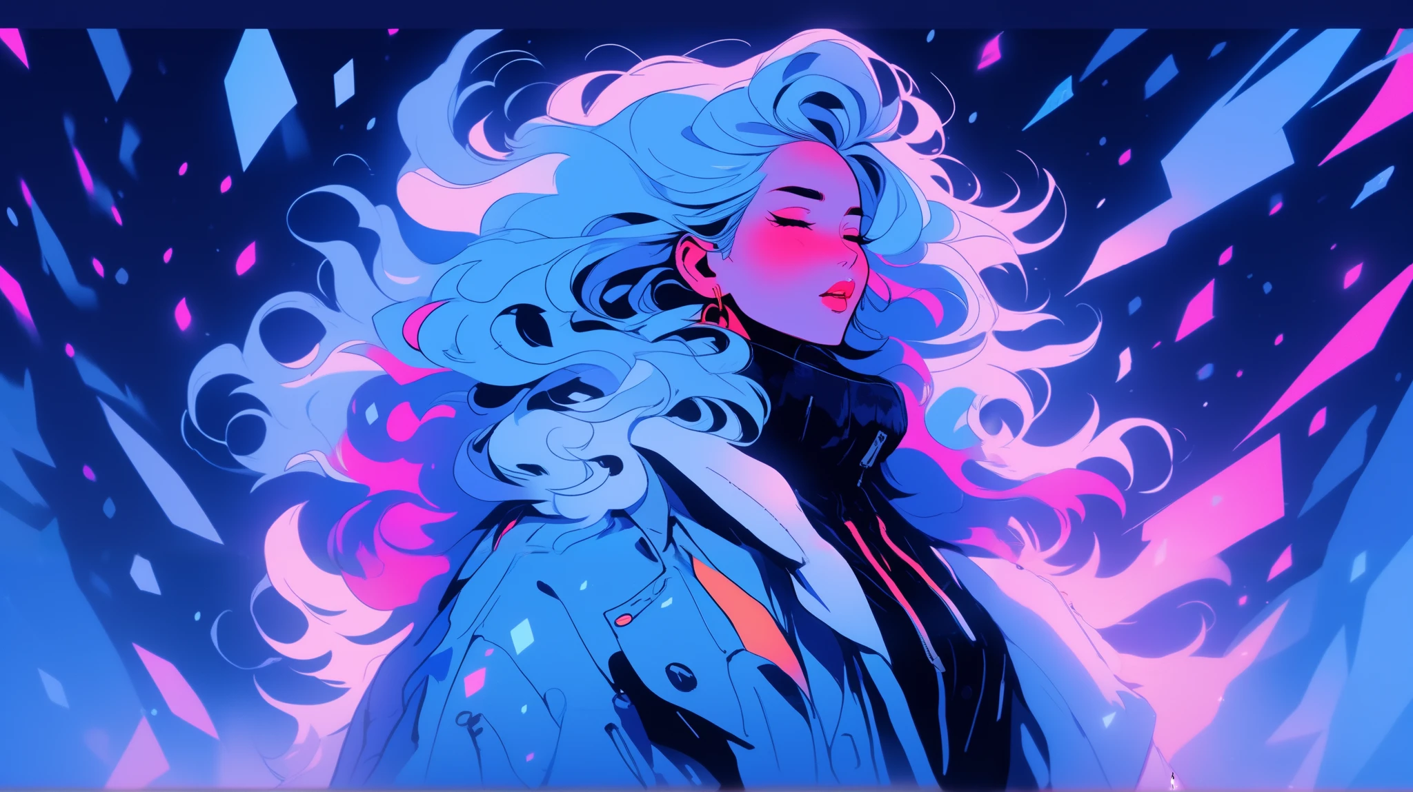 One woman with stylish hair and fashionable clothes , full body shot, Standing in a blizzard,Sing a ballad, ice candle, (( illustrator )), flat color, stylish, Neon Hair, (masterpiece, top quality), portrait, (( dynamic angle)), (( illustrator )),