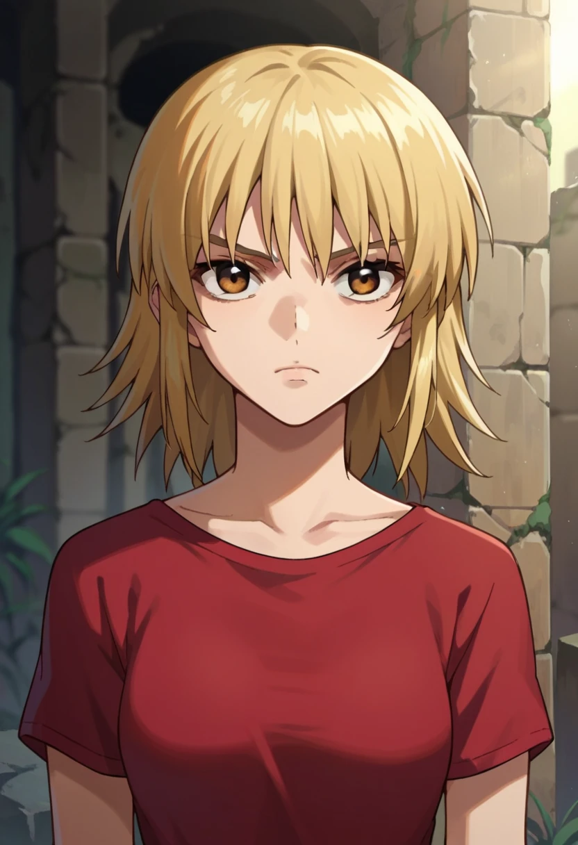 score_9, score_8_up, score_7_up, score_6_up, score_5_up, score_4_up,anime coloring, source_anime,Kagari,1 girl,Alone,brown eyes,medium hair,blond hair, red shirt,short sleeves,ruins,portrait,cowboy shot,stares, serious expression
