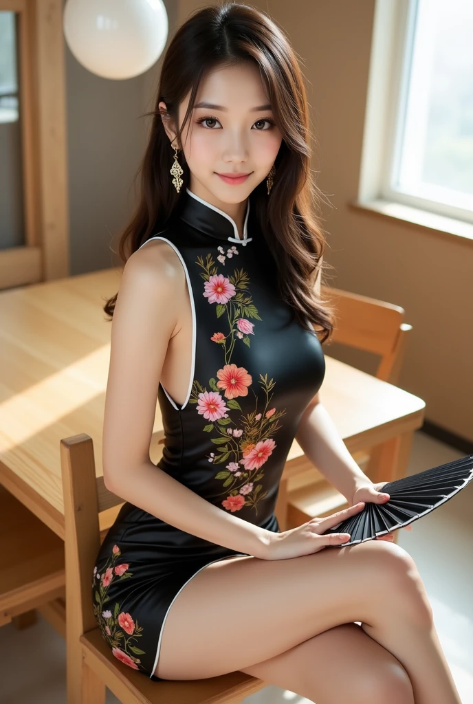 ((Best Quality, 8K, Masterpiece: 1.3)), Focus: 1.2, Wearing Cheongsam, Small Flower Print, Exposed Breasts, Cleavage, Split Ends, Full Body Photo, Long Legs, Overall View, Cafe Wall, Highly Detailed Facial and Skin Texture, Detailed Eyes, Double Eyelids, Whitened Skin, Long Ponytail
