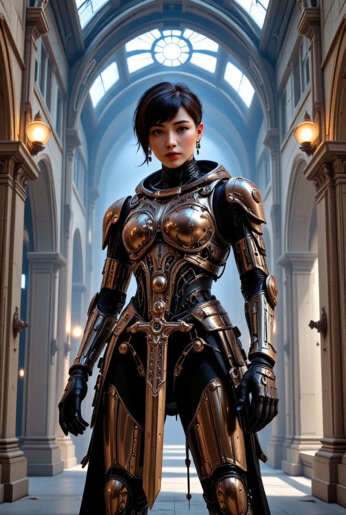 Photo full body of adepta sororitas, argent shroud, full armor, full metal armor, Christina Chong beautiful face, narrowed eyes. smirk. black braided hair with narrowed eyes, wearing intricate ornamented metal armor, stern face,, solo, (female:1.2), epic, platinum white armor, white pelvic curtain, bronze trimmings, , facial scar, gold iron halo, ((upper body:1.3)) focus, close-up, banner backgroun