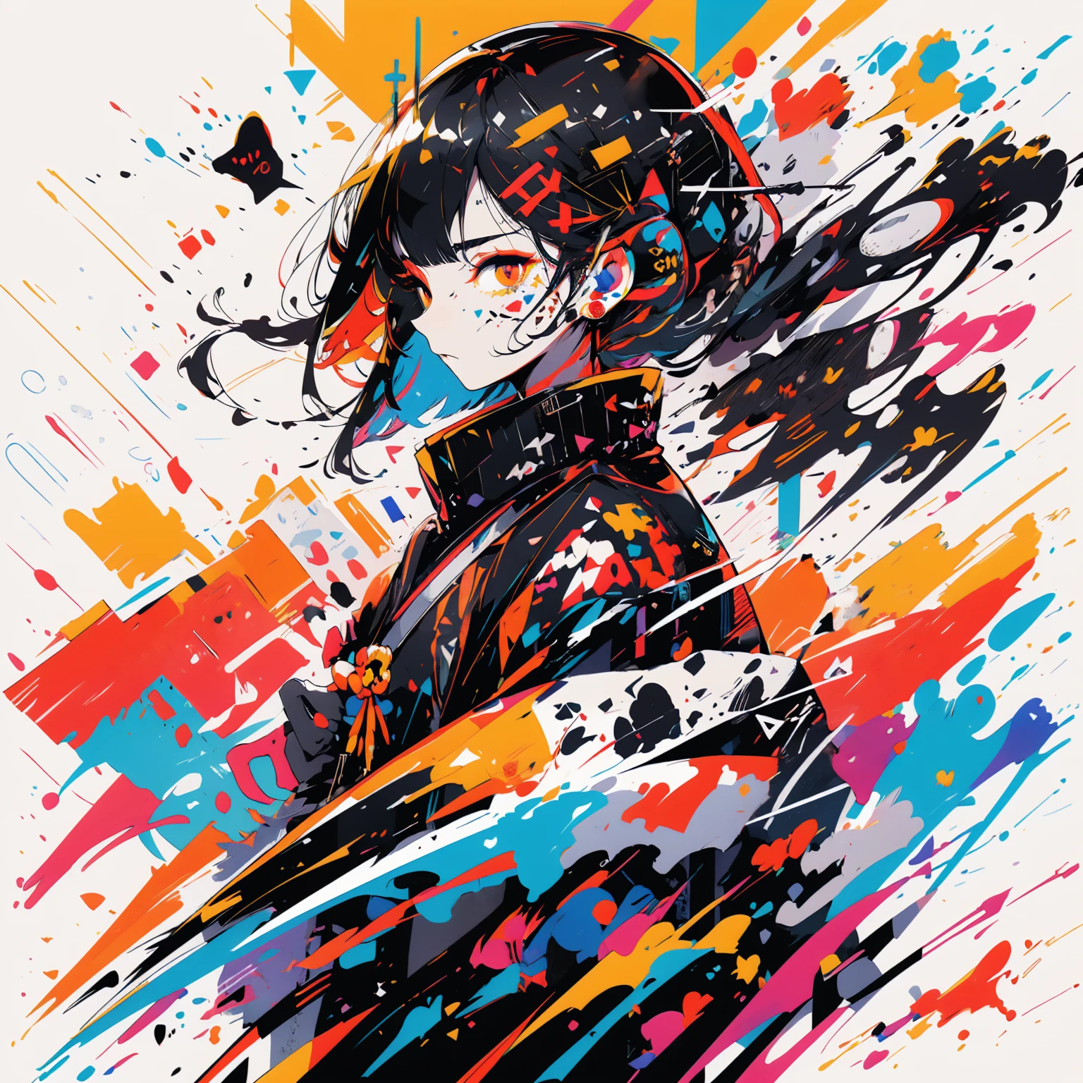 black mask、masterpiece, Highest quality, female、knife、 samurai。solo, (Doodle:1.5), paint splatter, , Body Paint,Colorful hair, golden eyes, Headset On Head,rainbow、 splash 、colorful、 face paint、knifeを構える、抜knife