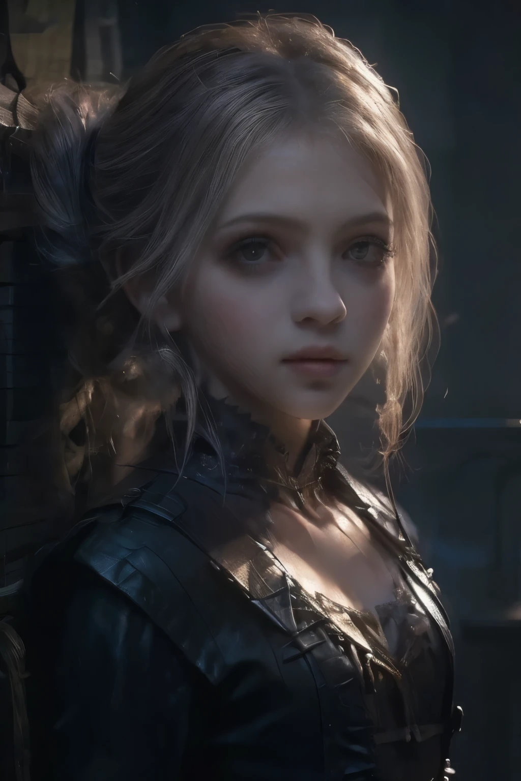 ((best quality)), ((masterpiece)), (detailed), score_9, score_8_up, score_7_up, score_6_up, (1girls), a female occultic knight, witch, knight, wielding a rapier-like sword, perfect face (((mastepiece, of the highest quality, super detailed))), photorealistic, Dark fantasy art, dark fantasy, ((gothic art)), ((Bloodborne inspired)), (Victorian era inspired), (Brotherhood Of The Wolf inspired), (typical witches hat sharing design features of a hunter's cap), (leather trousers with buckles and belts), (occultic vibe), (cosmic horror vibe), (occultic military uniform), (military witch), ((intricate and beautiful cloth and leather clothing)), (regal and elegant, a person of great social importance), ((mature, foreboding atmosphere)), ((dark and gloomy)), ((((Highly detailed face)))), small thin nose, Small thin lips mouth, (((Very sharp focused eyes))), ((perfect symmetrical beautiful eyes)). looking here, (resolved expression), (resolute expression), (sad face), beautiful (((very small breasts))), (((little boobs))), (((tiny breasts))), (((flat chest:0.1))), (((very tiny boobs))), (((very flat chested))), ((blonde)) hair, ((long ponytail, thick ponytail, heavy ponytail)), very long eyelashes, soft lighting