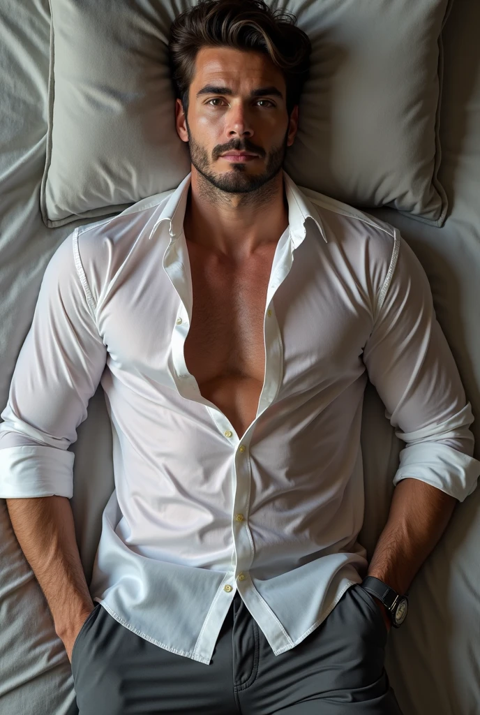 Masterpiece, denoise, void noise, one man, best quality, 8k resolution, male focus, focus only, amazing composition, volumetric lighting, super quality, elegant, Very detailed, front view, -----------, 35 years old, mature face, muscular, (((Caucasian white man))), (((white skin)), ((pale skin))), very handsome, (detailed light-blue eyes), ((dark brown hair)), big ears, (hairy), (scruffy beard), ((big pink nipples)), ((perky nipples)) ------------, (((blue jeans))), (((unbuttoned white shirt))), (((laid down on bed))),