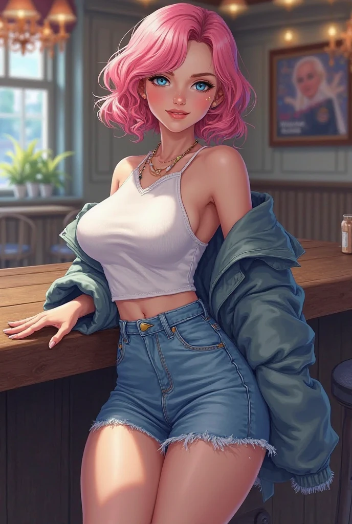 adult girl wearing semi-transparent blouse, short jeans shorts, fishnet stockings, high heels and make up tied while bending over, manicured fingers, pink hair, hands behind his back, restaurant, anime