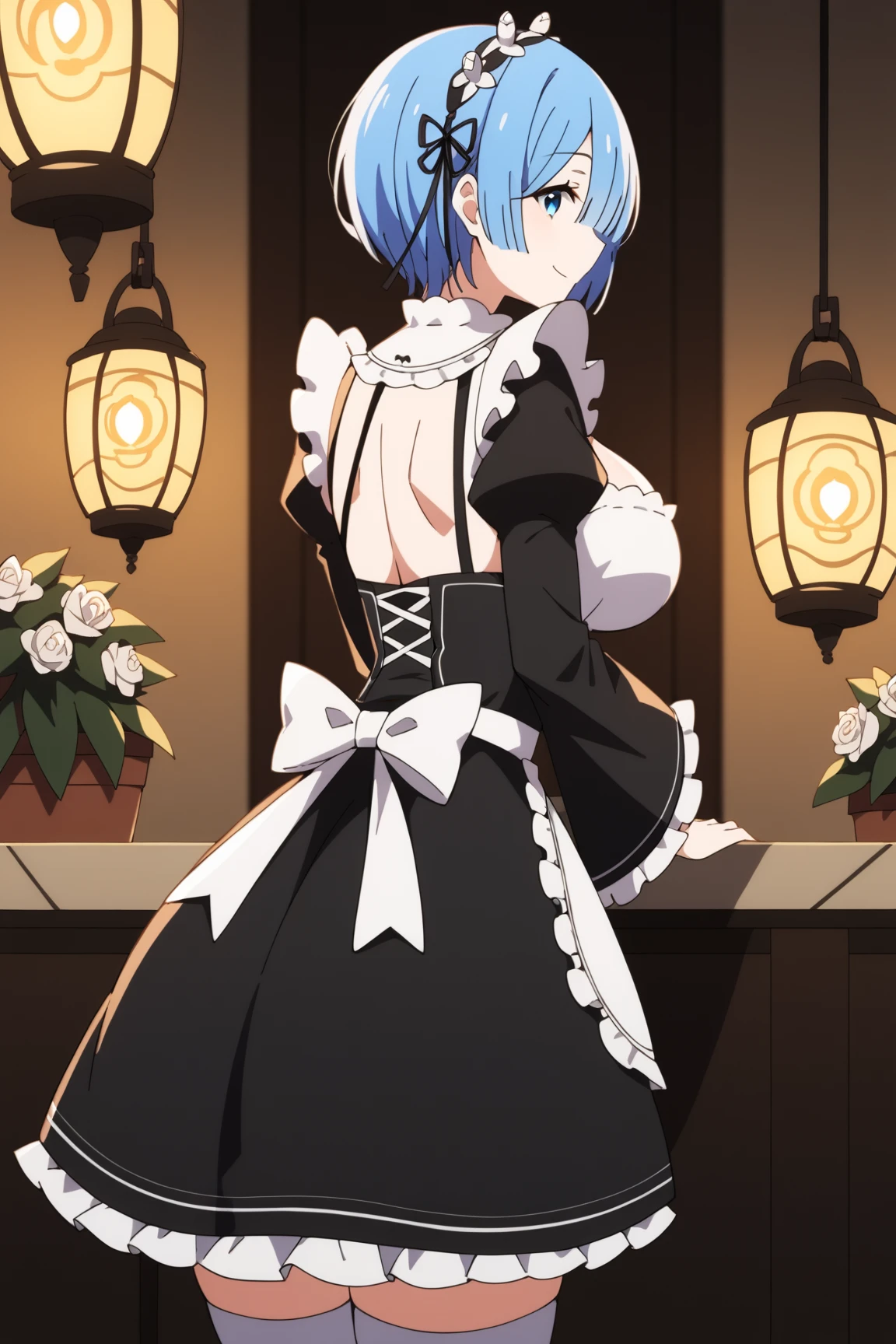 (masutepiece, High resolution, フォトReアReスティック:1.4), anime rem "Re:Staynight," She is wearing only a skimpy bra and thong., Her big breasts were slightly squeezed in a small bra, T-back that shows off her curvaceous beauty and round buttocks, Her slender body makes her attractive, in her bedroom, Atmosphere perfectly illuminated by candlelight, create an atmosphere, depth of fields (degrees of freedom), Hyper-Resolution, 高メガピクセルレンダReング, Cinematic lighting, アンチエイReアシング技術KAA, TXAA, nffsw), SSAO (スクReーンスペースアンビエントオクルージョン), post-processing effects, Tone Mapping, Enigmatic expressions, a captivating gaze, Pose Seductive, Elegant room decoration, subtle shadows, Warm candlelight glow, Intimate environment.