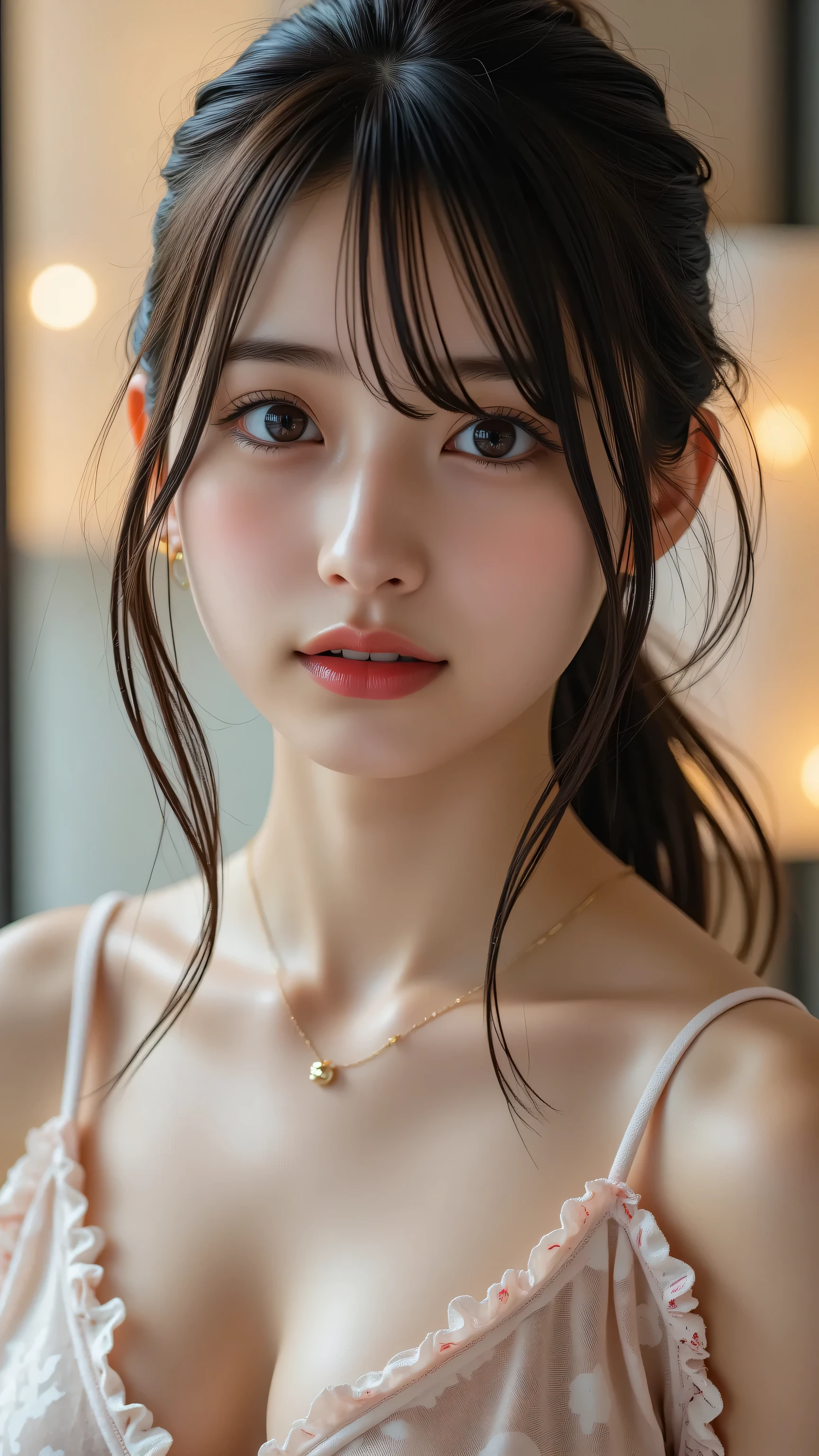 High-resolution masterpiece photograph of a young woman with a cute face, captured in a cowboy shot indoors with a simple, softly lit background. She has brown eyes and realistic features, wearing a see-through nightgown that subtly reveals her collarbone and cleavage. Her brown hair is styled in a natural ponytail or long flowing hair, illuminated by soft indoor lighting. The image focuses on her medium-sized breasts with nipples covered by the fabric, creating a tasteful and elegant look. Her parted lips and delicate facial features are highlighted, creating a lifelike and intimate atmosphere. Shot with a Canon EOS R5 and RF 85mm f/1.2 lens for shallow depth of field, resulting in a beautifully blurred background.