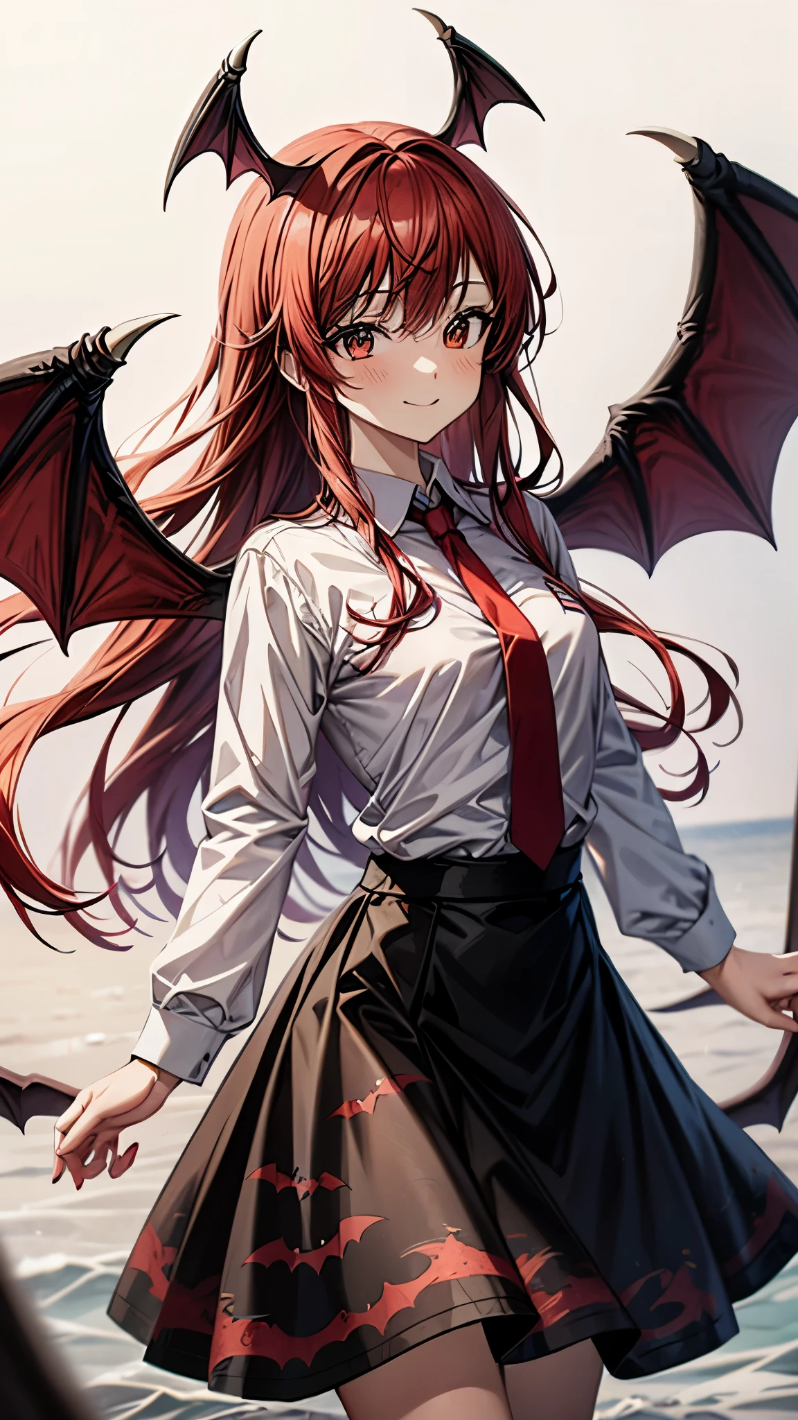 (super high quality,Ultra High Definition,16k,super masterpiece,Ultra HD , detailed shading and background,)one girl, long red hair with ocean print,bat feathers on the head, devil's wings on the back, white long sleeve shirt,red tie,smile,blush,The library where the sun shines,