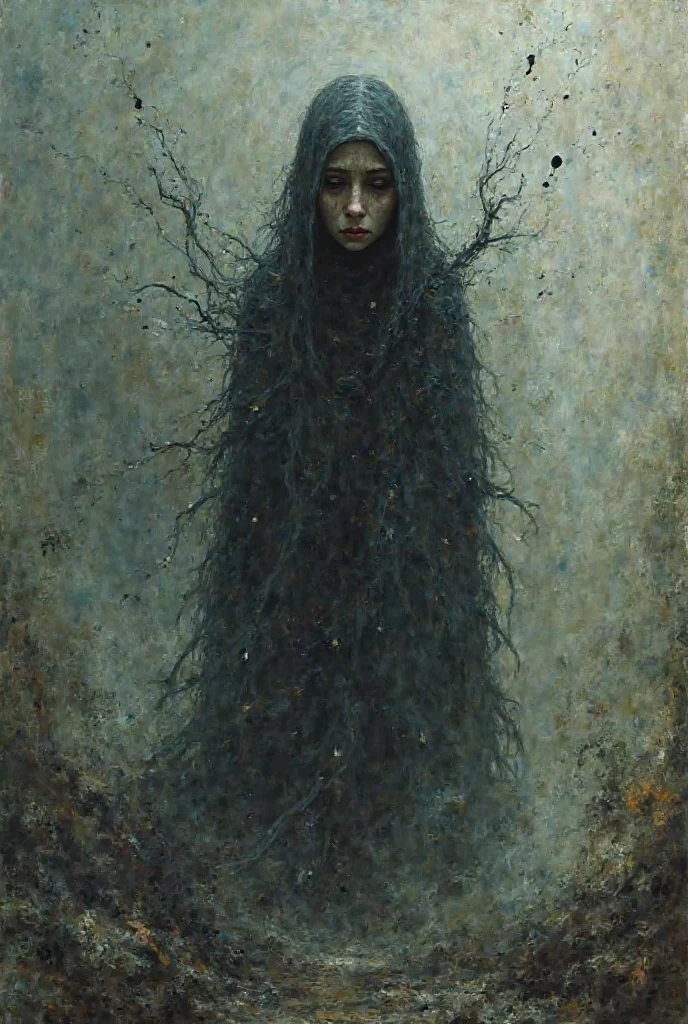 A girl with long hair and giant sharp nails screaming, fused with Cerberus, mutant hybrid, cryptid, shining in the dark, black background, sad, inspired by Beksinski, William Blake art, ink and watercolor, renaissance art, mist and fog, photorealistic detail, black and white, dust, film grain, contrast, creepy, horror